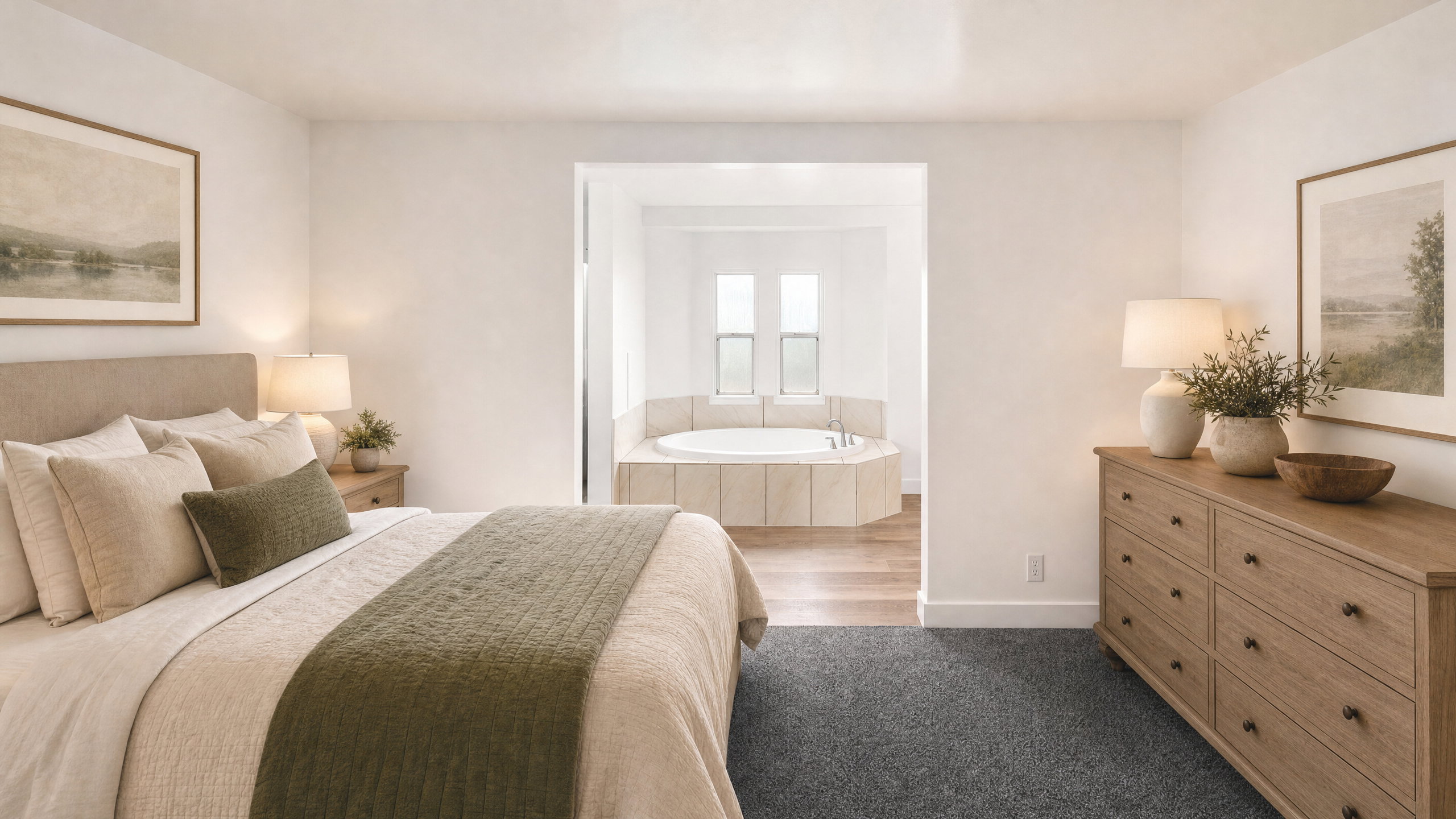 Bedroom space featuring gray carpeting and an open archway to an en-suite bathroom with a built-in jetted tub, tiled surround, and wood-finish flooring