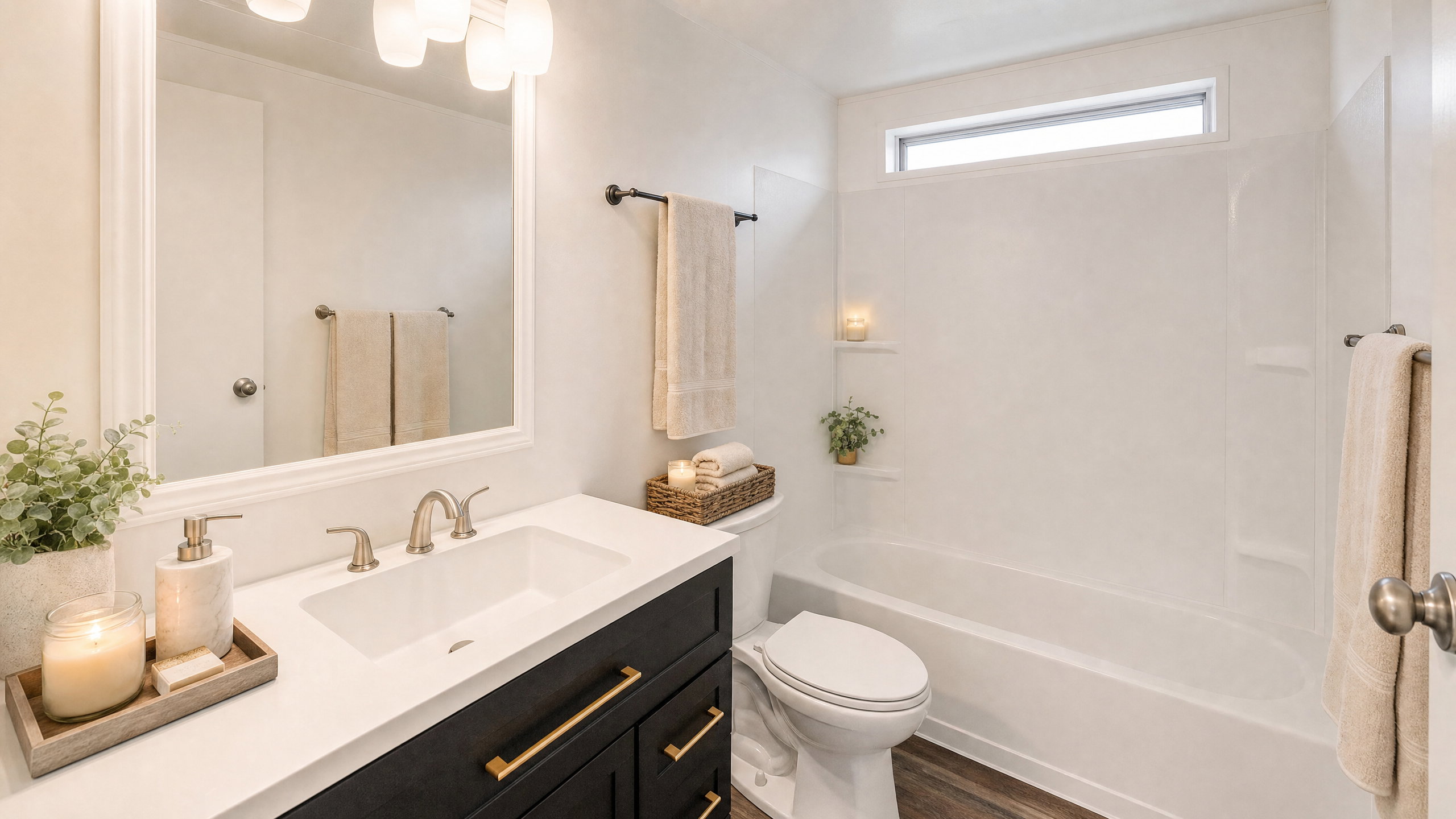 Contemporary bathroom featuring a dark vanity with gold-tone hardware, a white countertop with an integrated sink, and a framed mirror