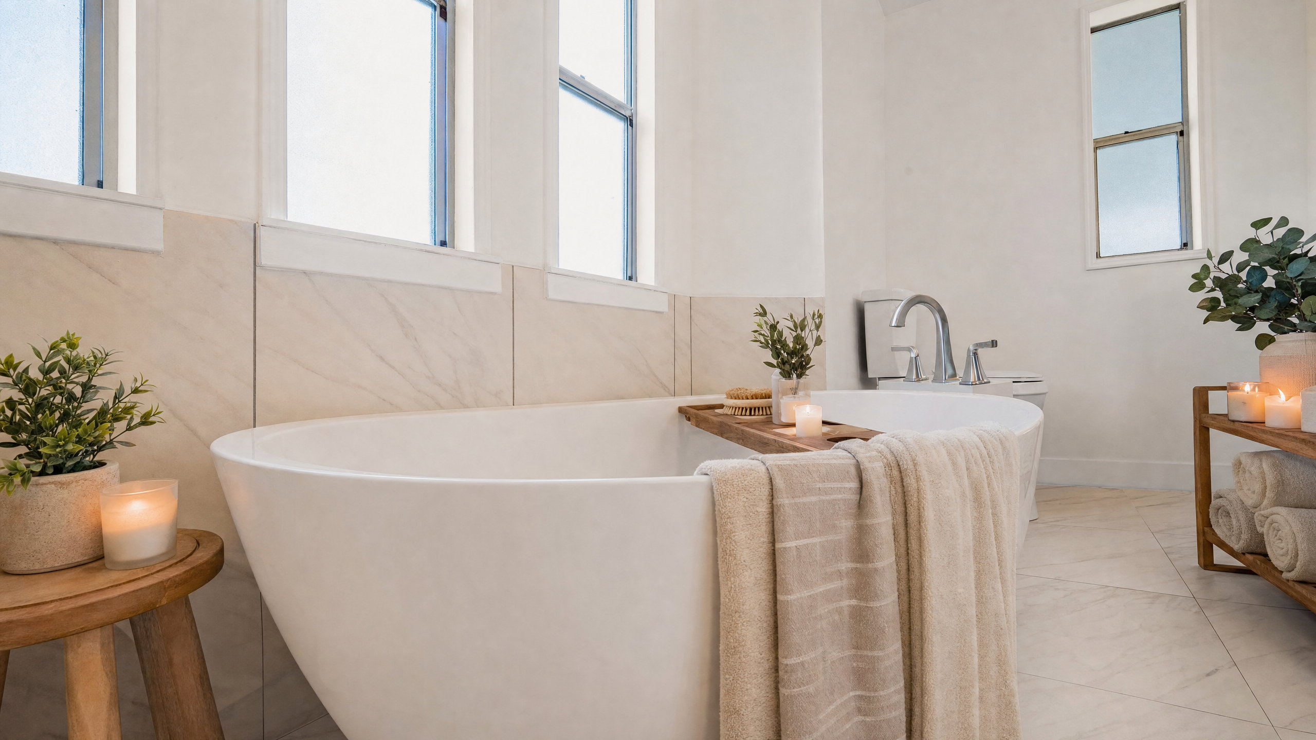 Freestanding oval soaking tub with deck-mounted chrome faucet, set against a tiled accent wall and light-toned floor tiles