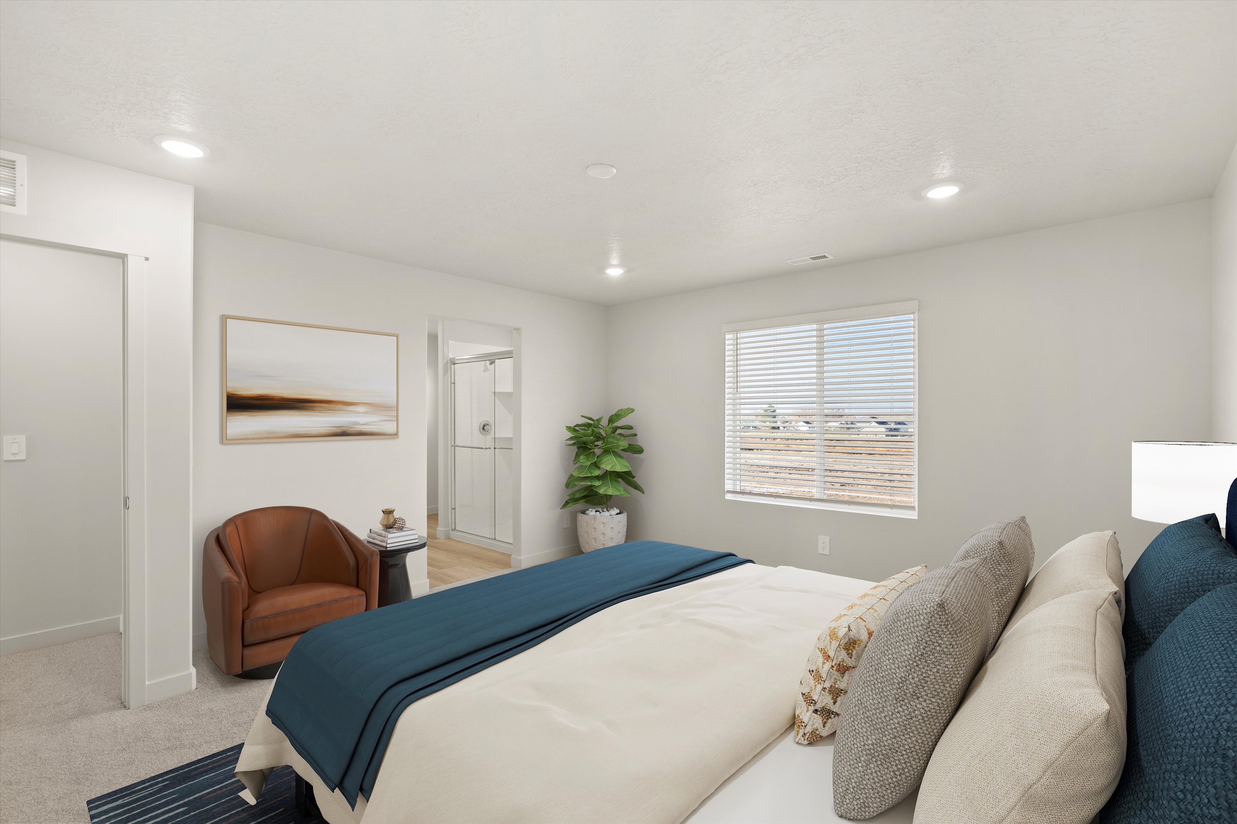 Carpeted bedroom featuring a large window, recessed lighting, and a doorway to a bathroom with a glass-enclosed shower