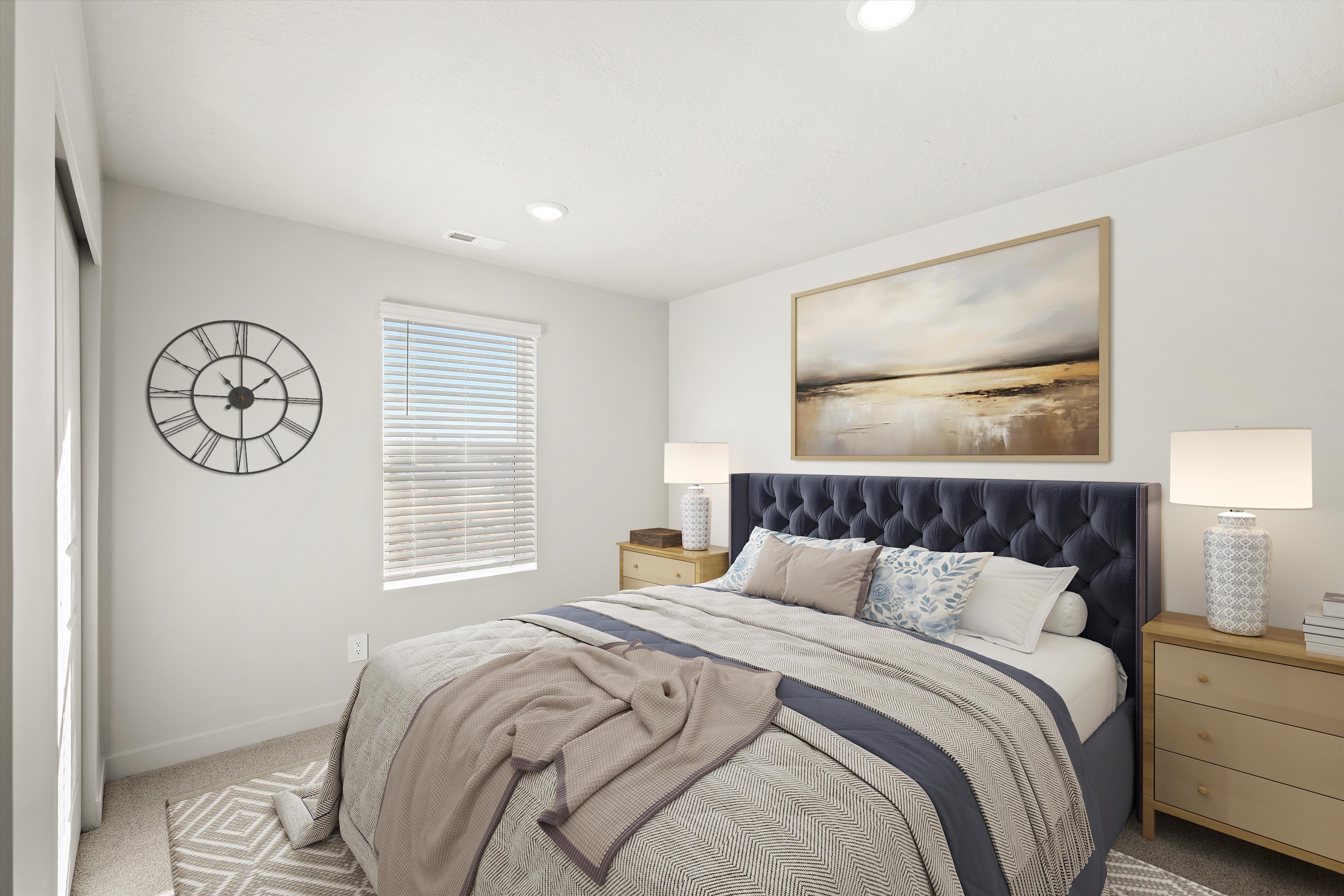 Spacious room featuring light-colored walls, recessed lighting, a large window with blinds, and soft carpet flooring