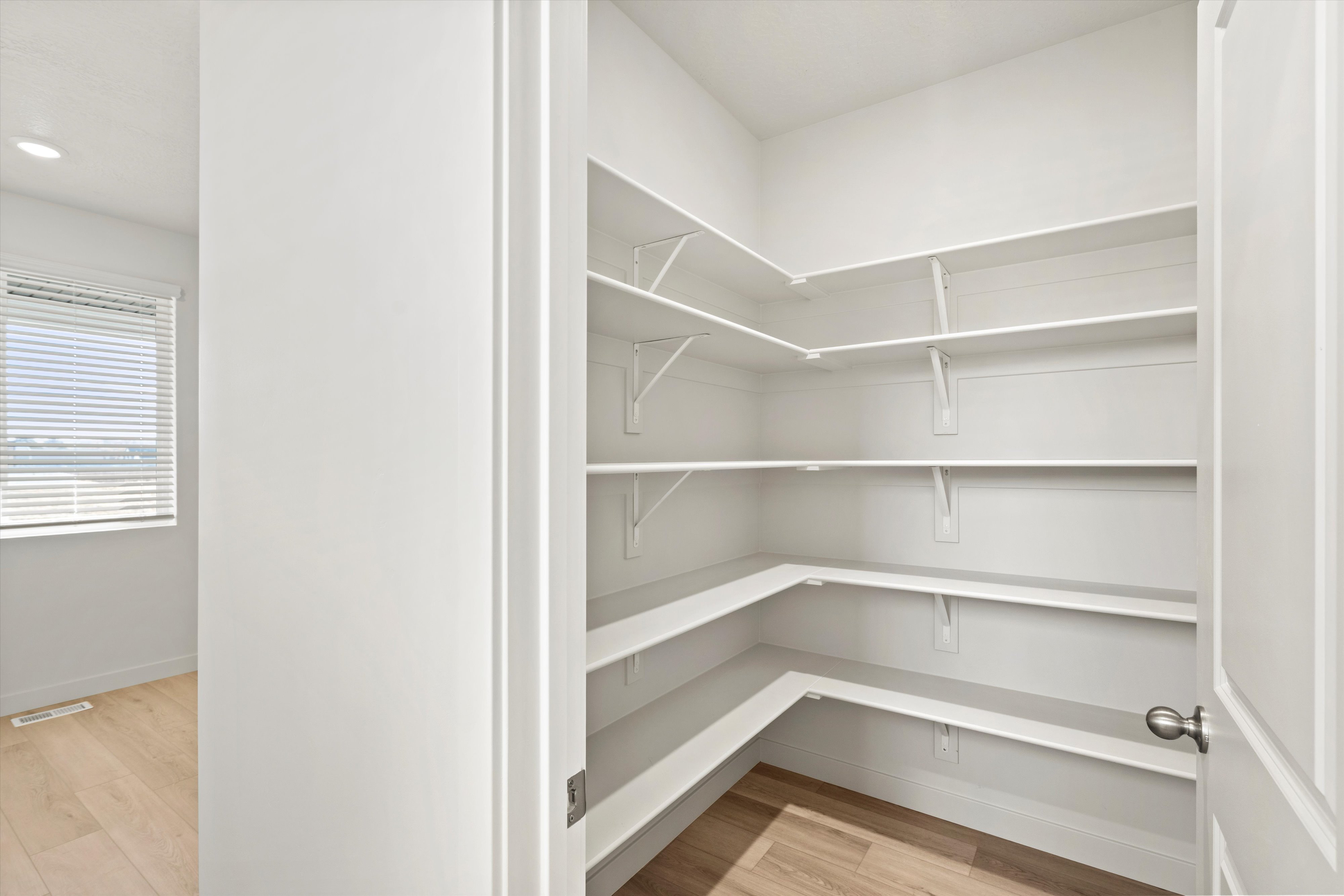 Walk-in pantry featuring extensive built-in shelving, wood-finish flooring, and a white paneled door with brushed nickel hardware