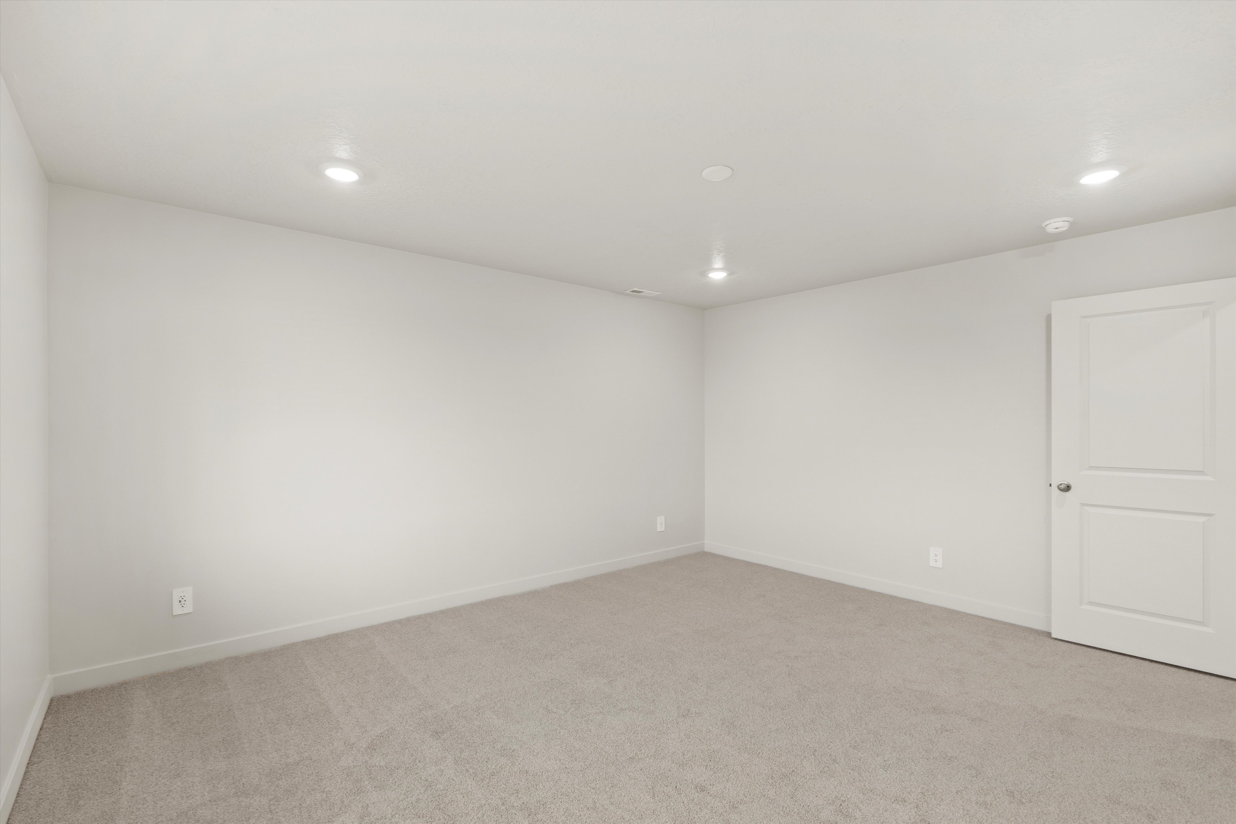 Spacious room with plush gray carpeting, neutral wall finishes, white trim, recessed ceiling lighting, and a white paneled door