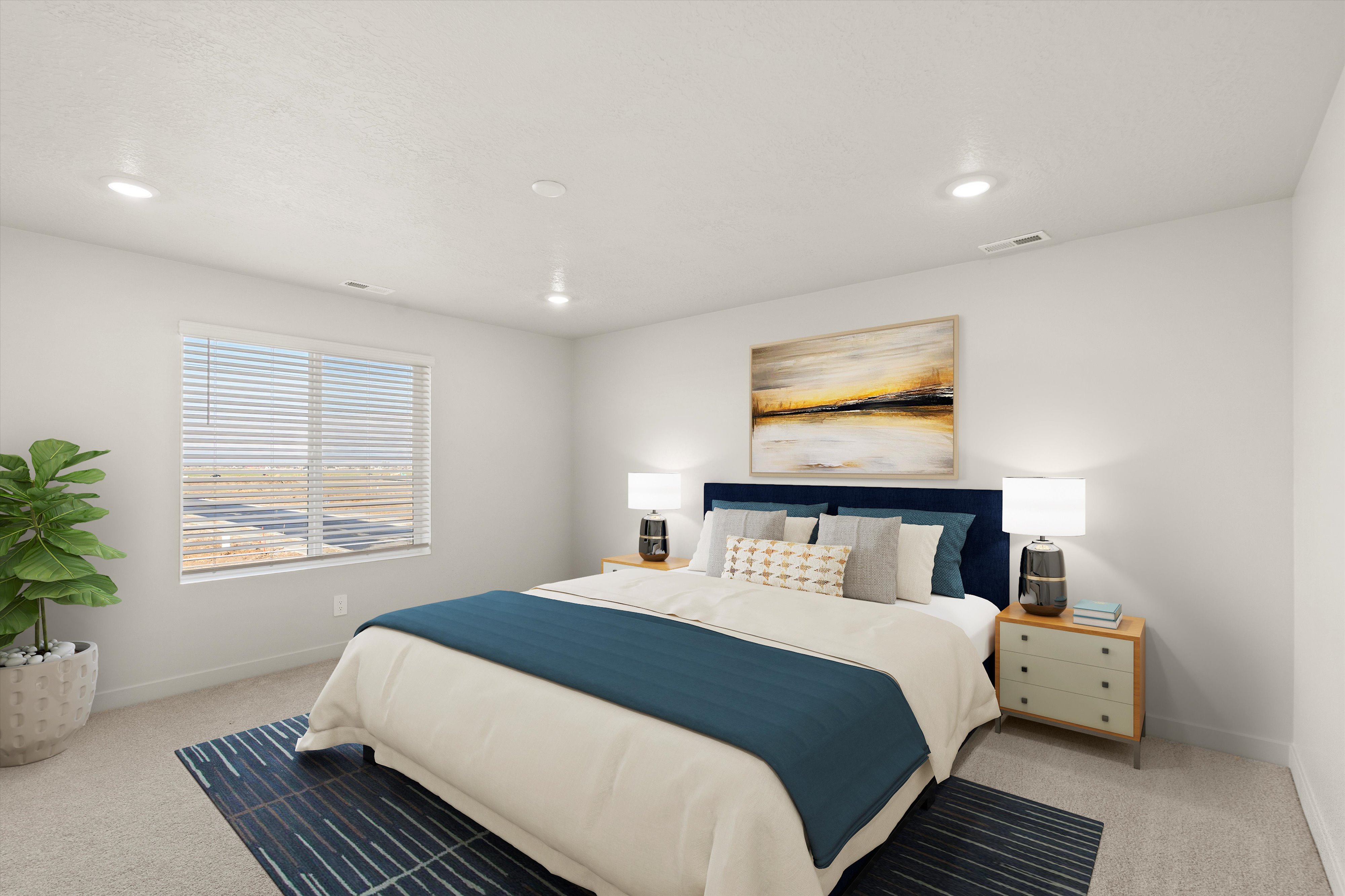 Spacious bedroom featuring light neutral wall paint, recessed ceiling lighting, a large window with horizontal blinds, and carpeting