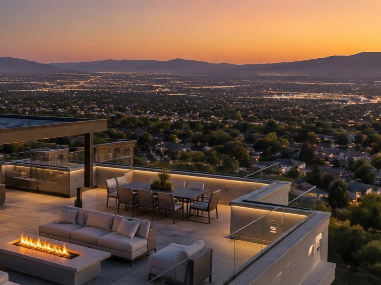 Real Estate Marketing Advertisement. Highlighting property features including a rooftop deck, outdoor living areas, and a fireplace