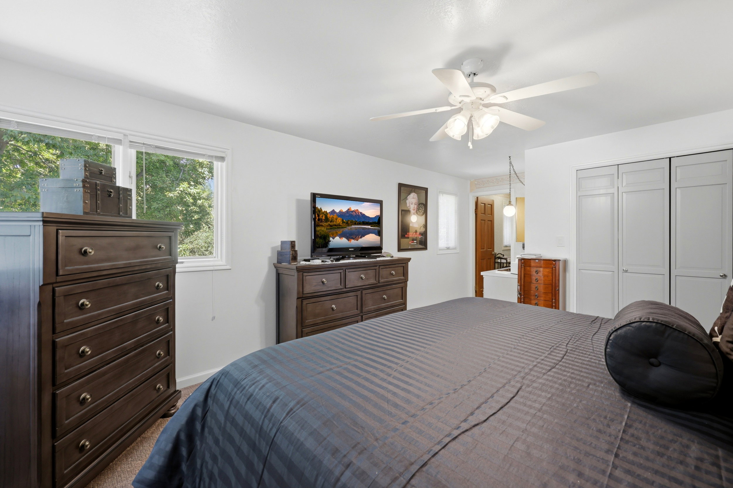 Bright interior with natural light, featuring a ceiling fan with integrated lighting, wood-finish flooring, and built-in closet doors