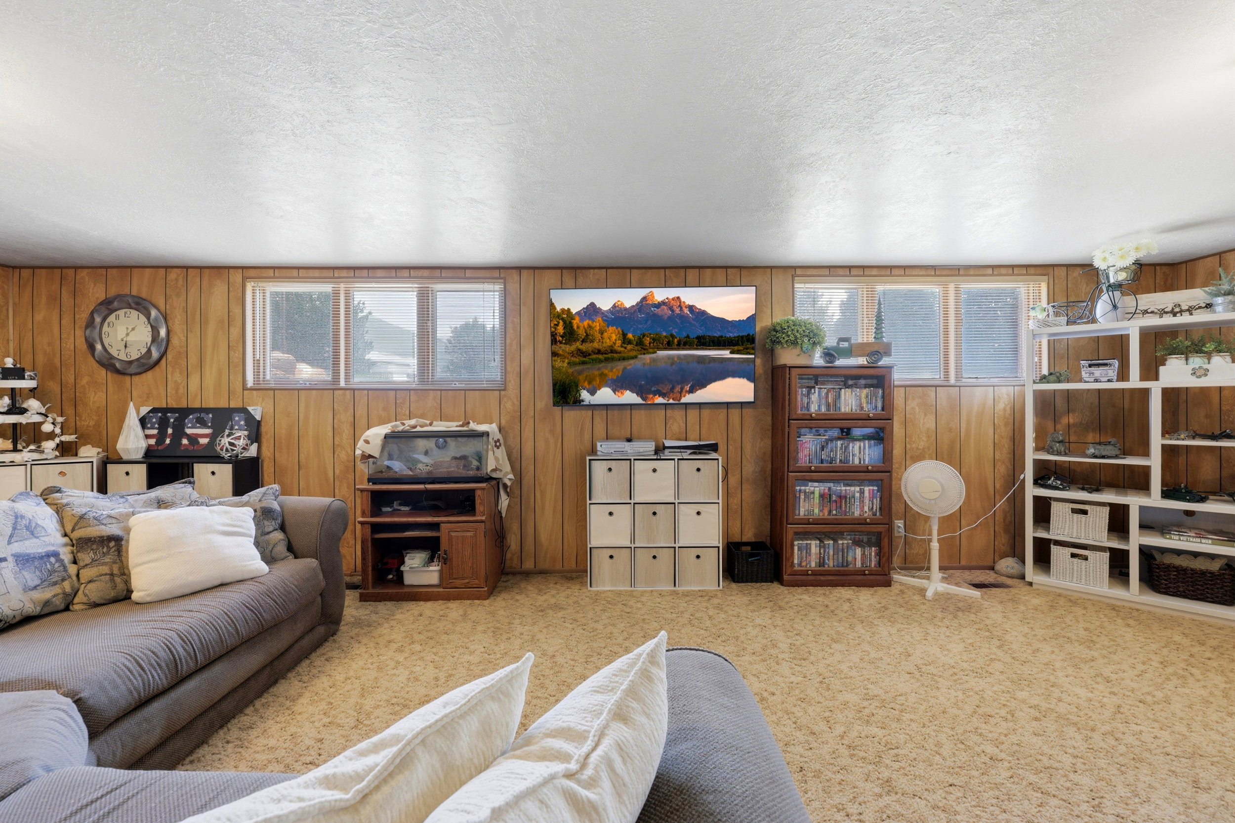 Recreation room featuring wood-paneled walls, multiple windows, and textured carpeting