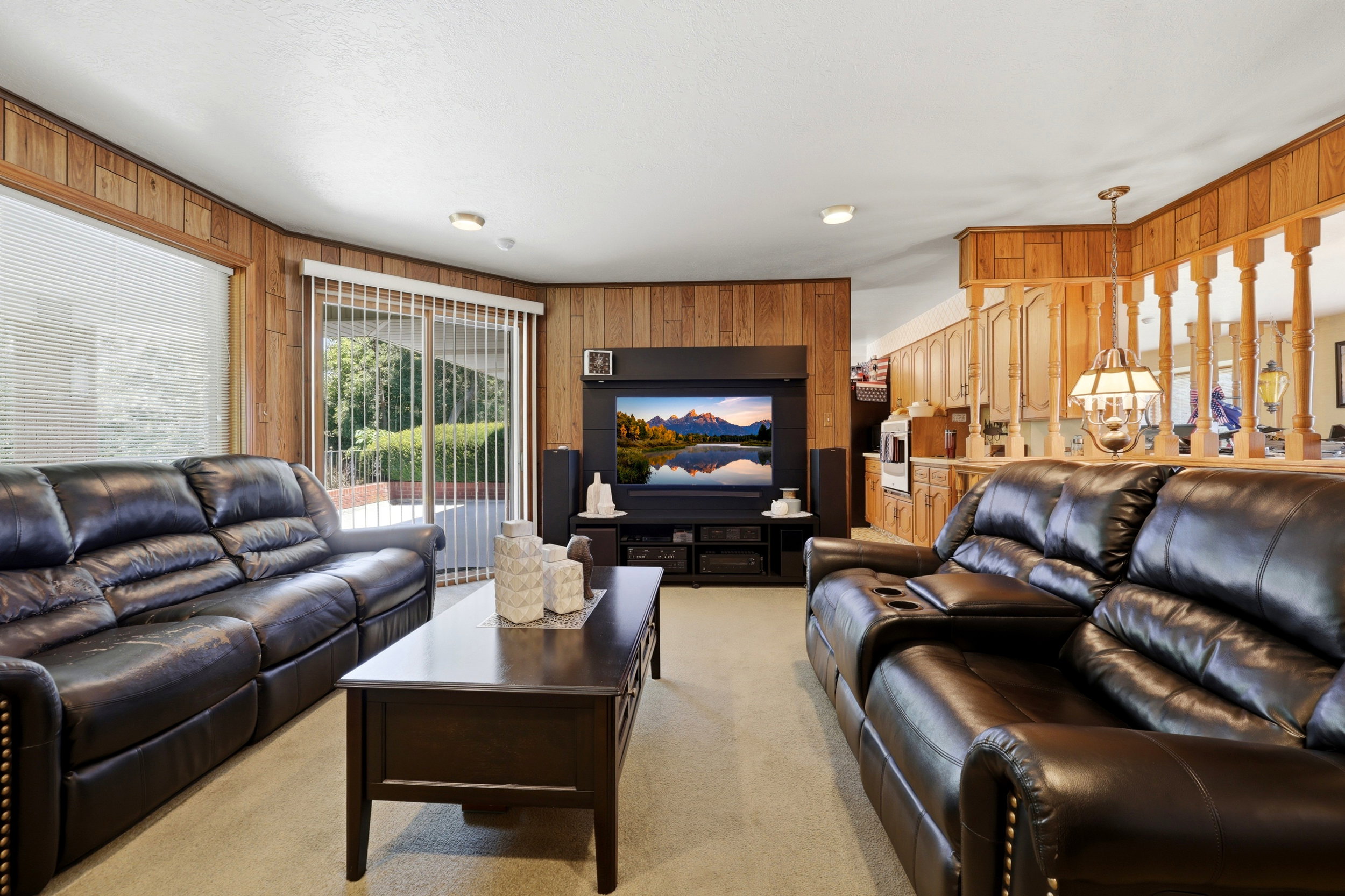 Living area with wood paneling, light-colored carpeting, and a built-in media console