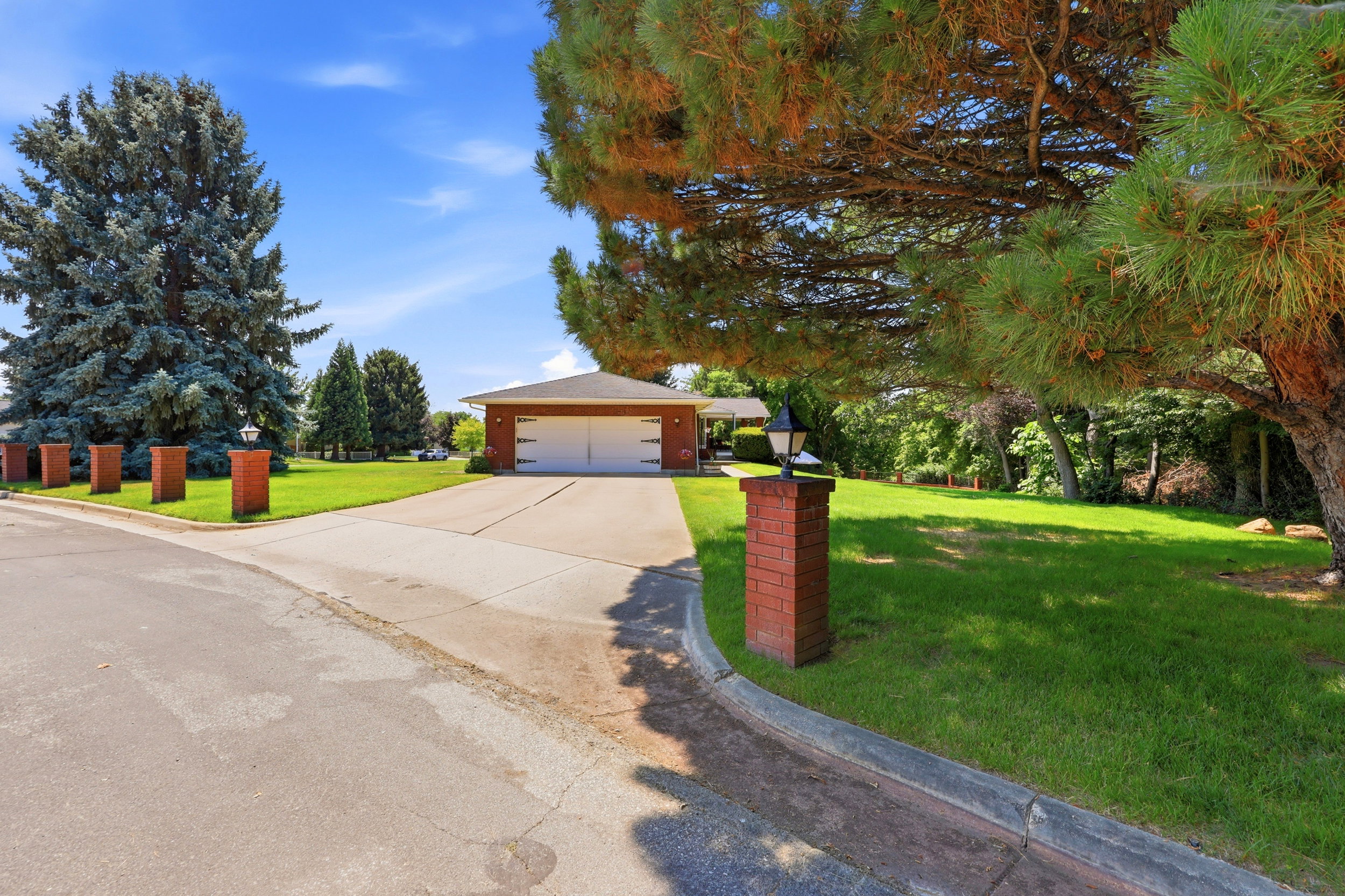 Expansive front yard featuring a concrete driveway, mature evergreen trees, and brick pillar landscaping with integrated lighting