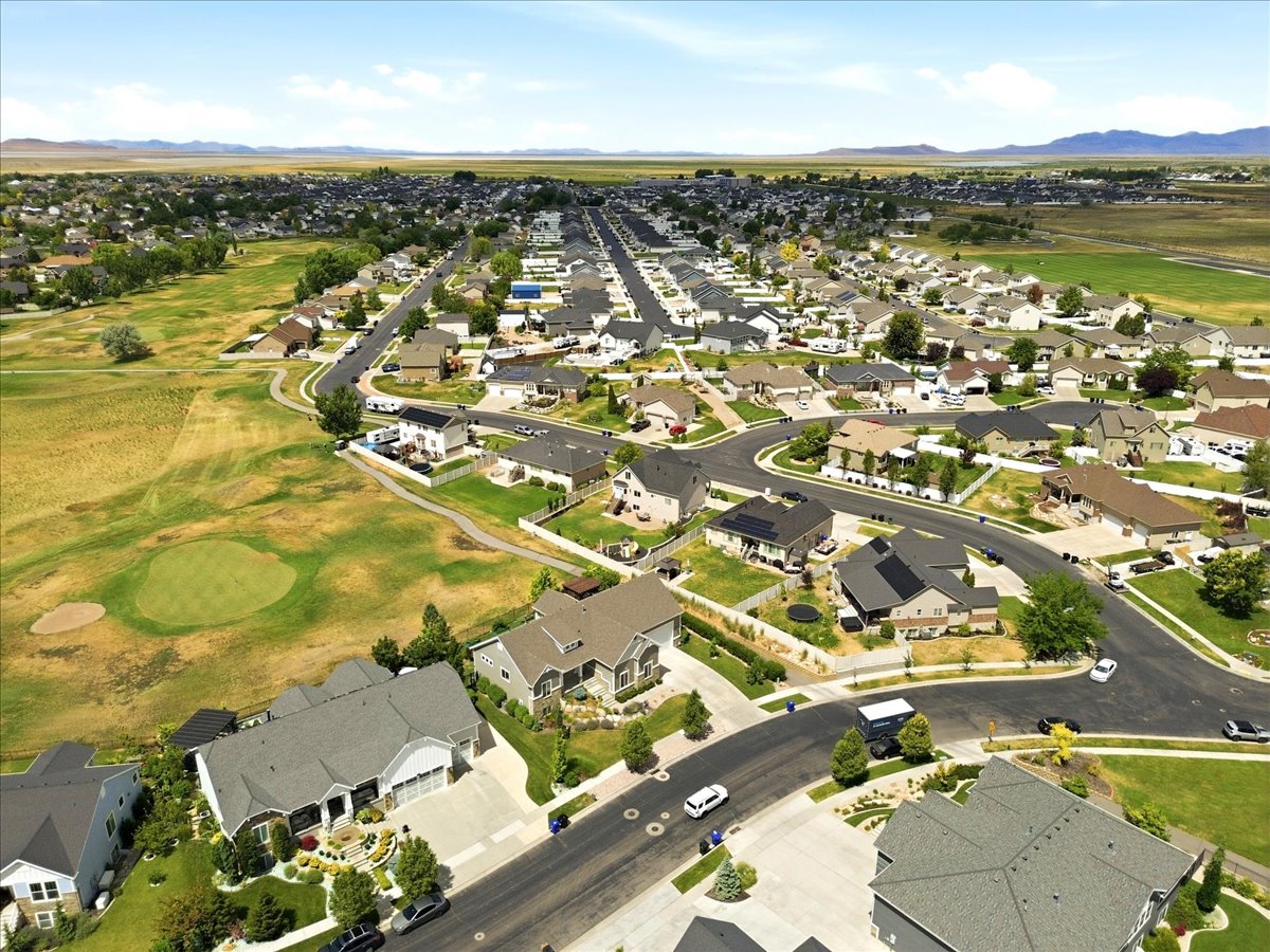 Aerial perspective showcasing a residential community with varied home styles