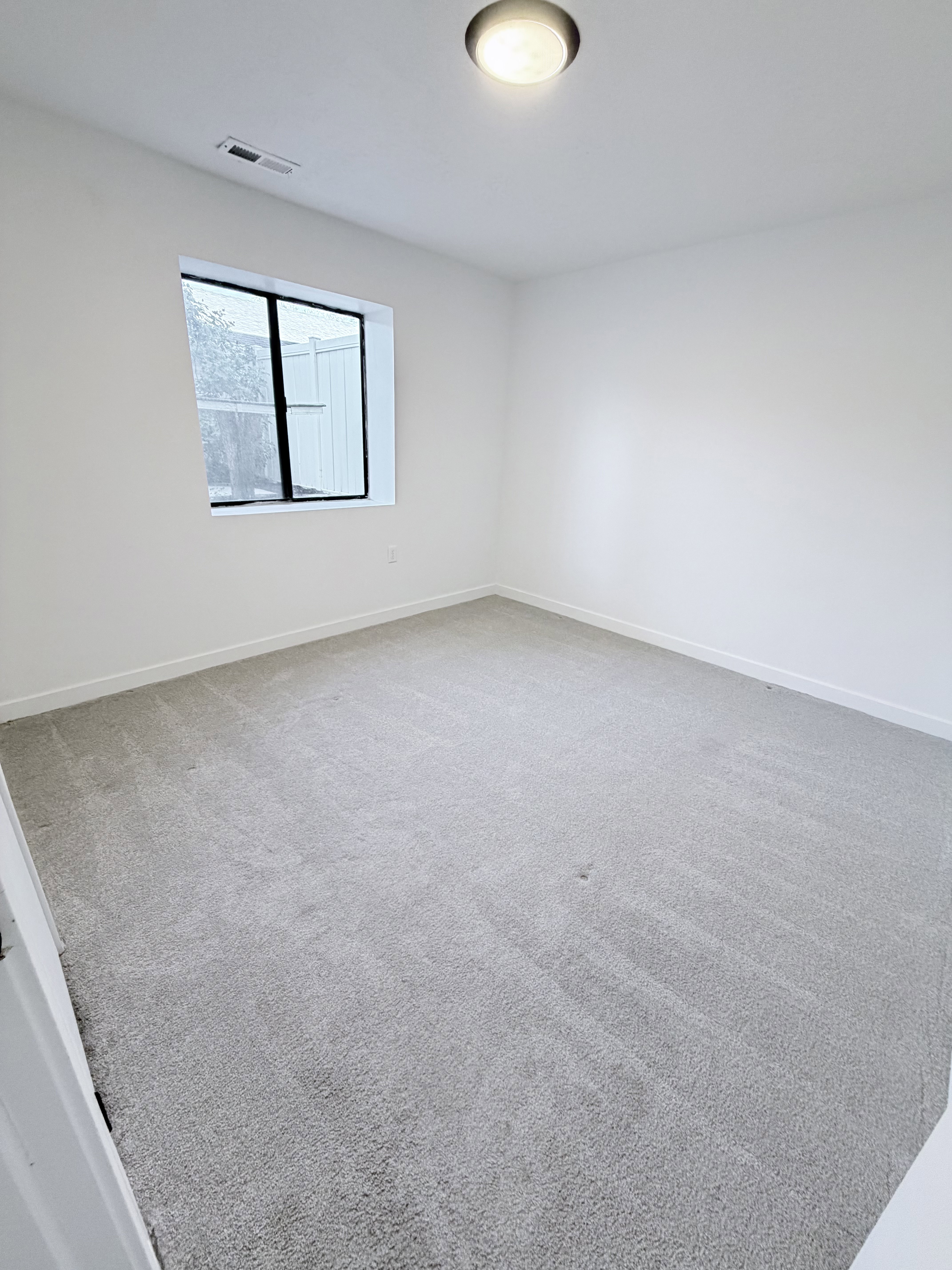Room featuring light grey carpeting, white painted walls, a flush-mount ceiling light, and a large window with black trim