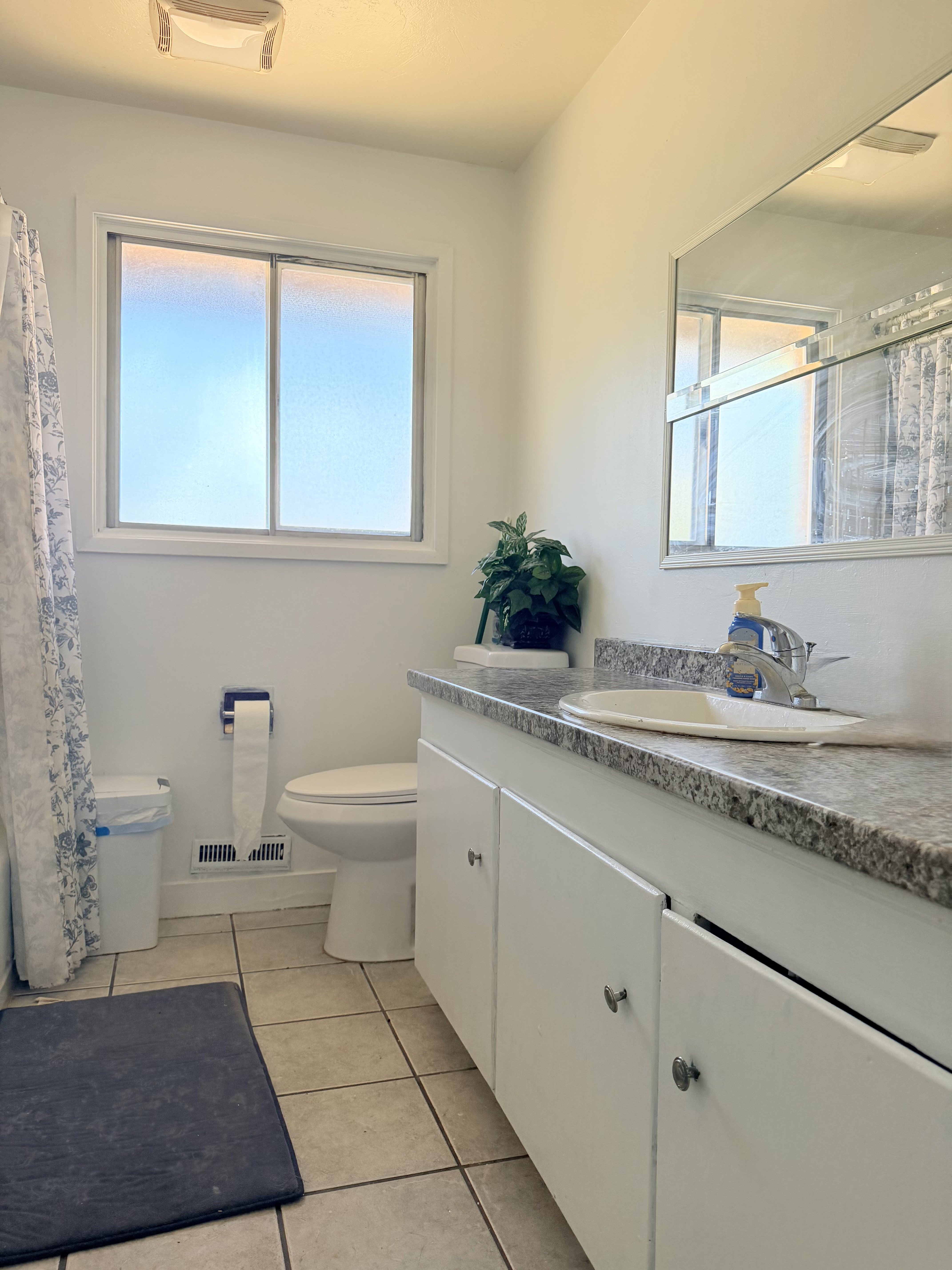 Bathroom featuring a window with privacy glass, a white vanity with a light-colored countertop, an integrated sink, and an overhead light fixture