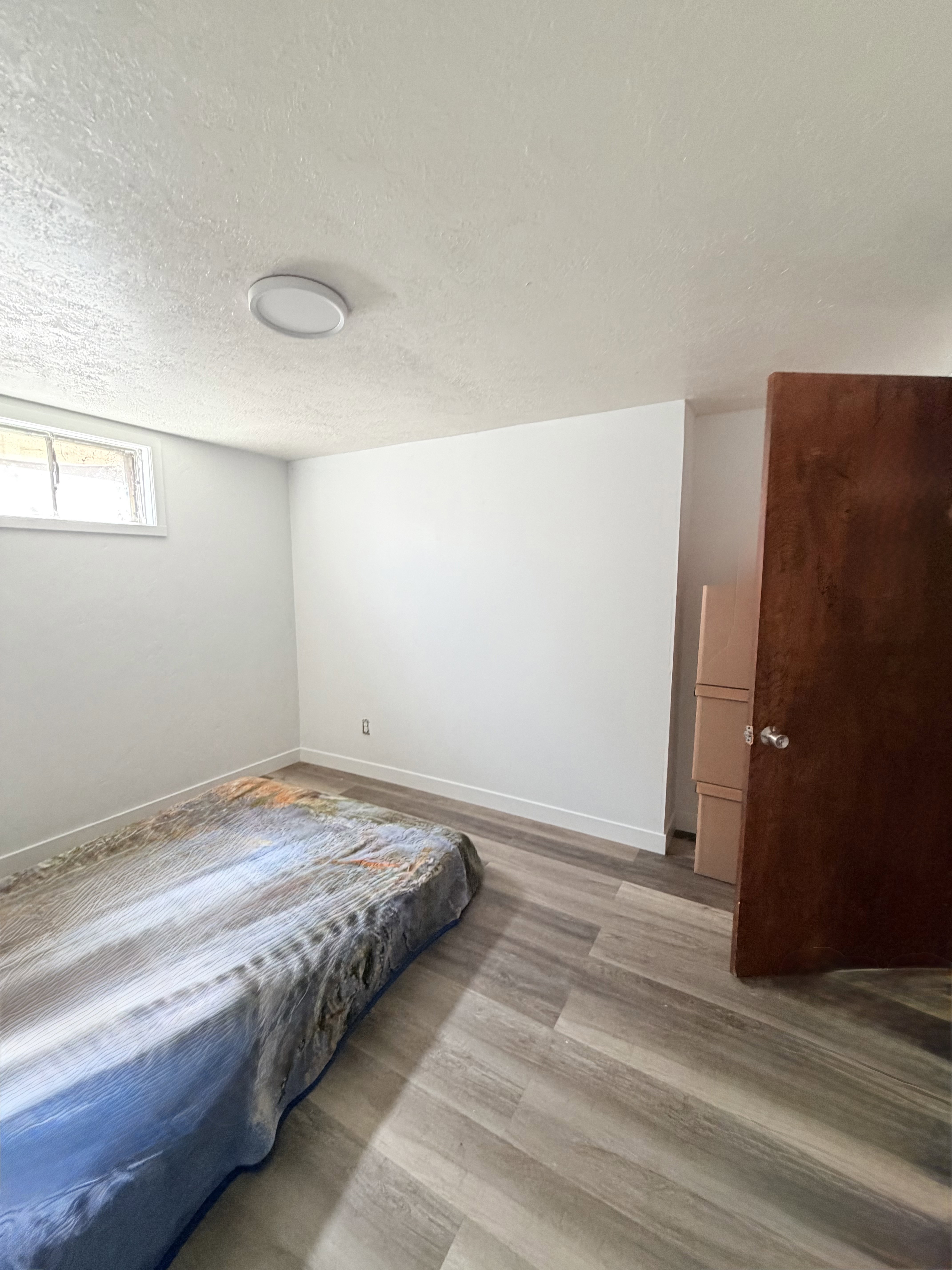 Bright room featuring light wood-finish flooring, white walls, and a single window