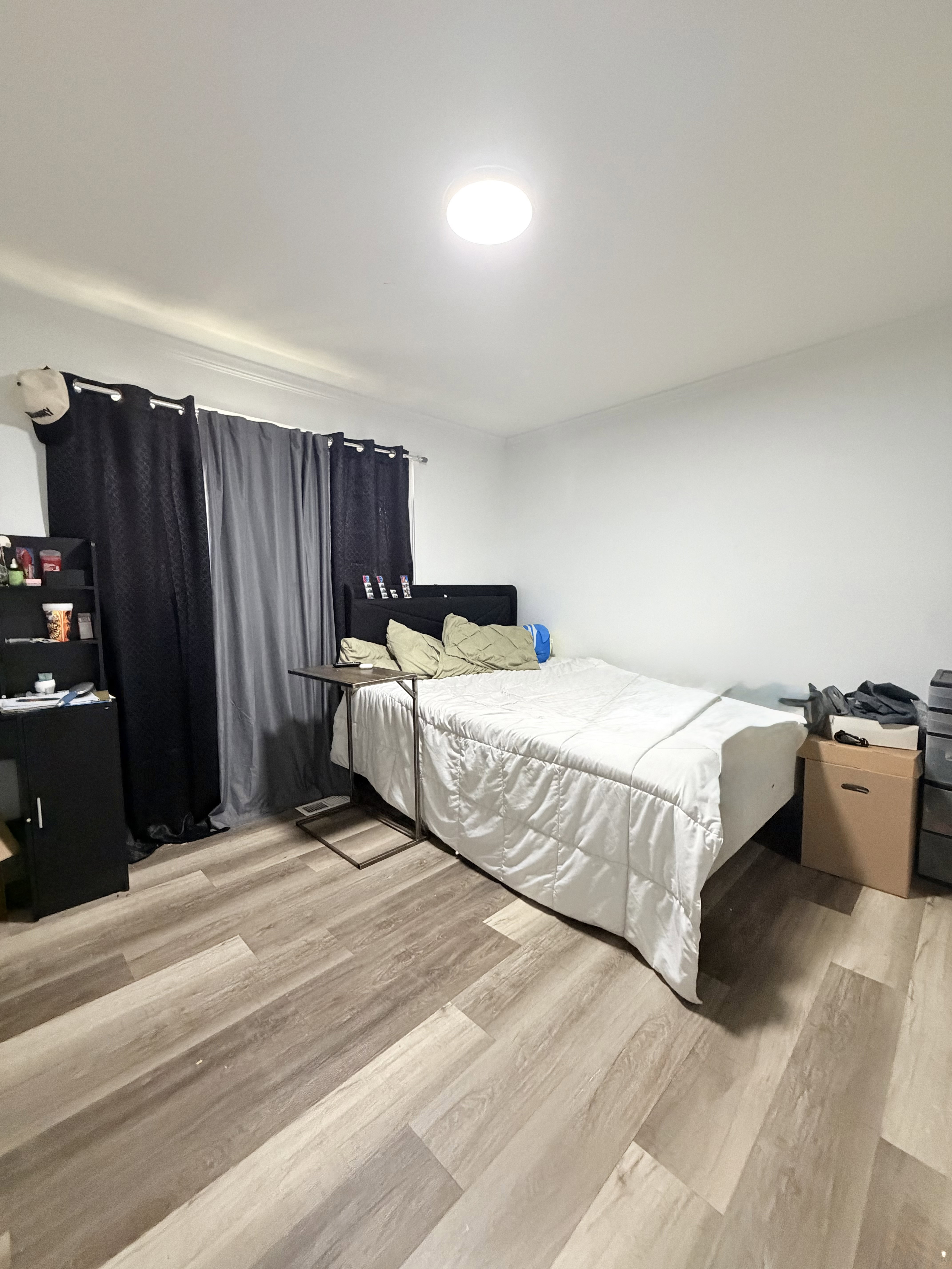 Interior space featuring light wood-finish flooring, white walls, and a ceiling-mounted light fixture
