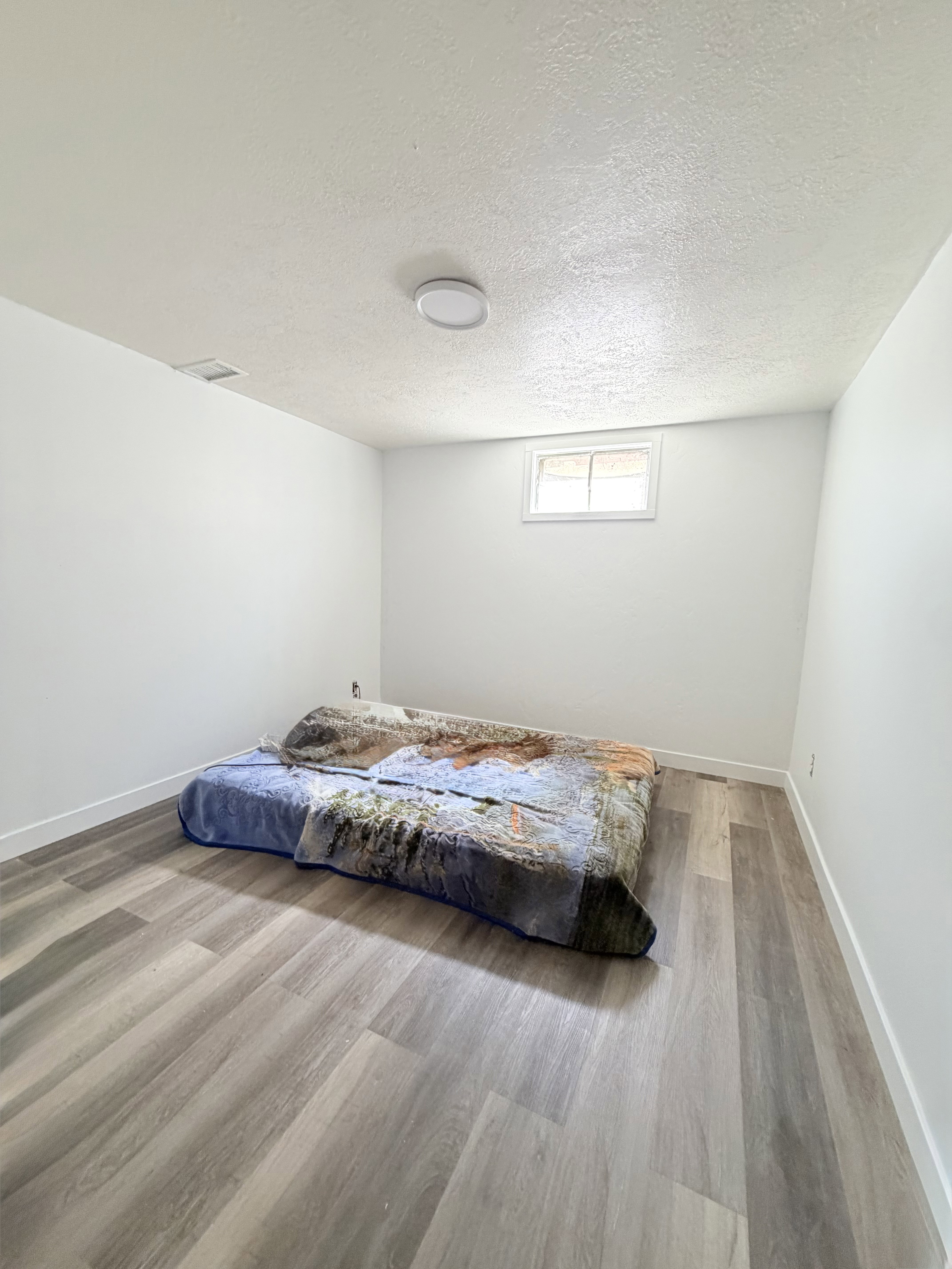 Room featuring plank wood-finish flooring, white baseboards, and bright white walls