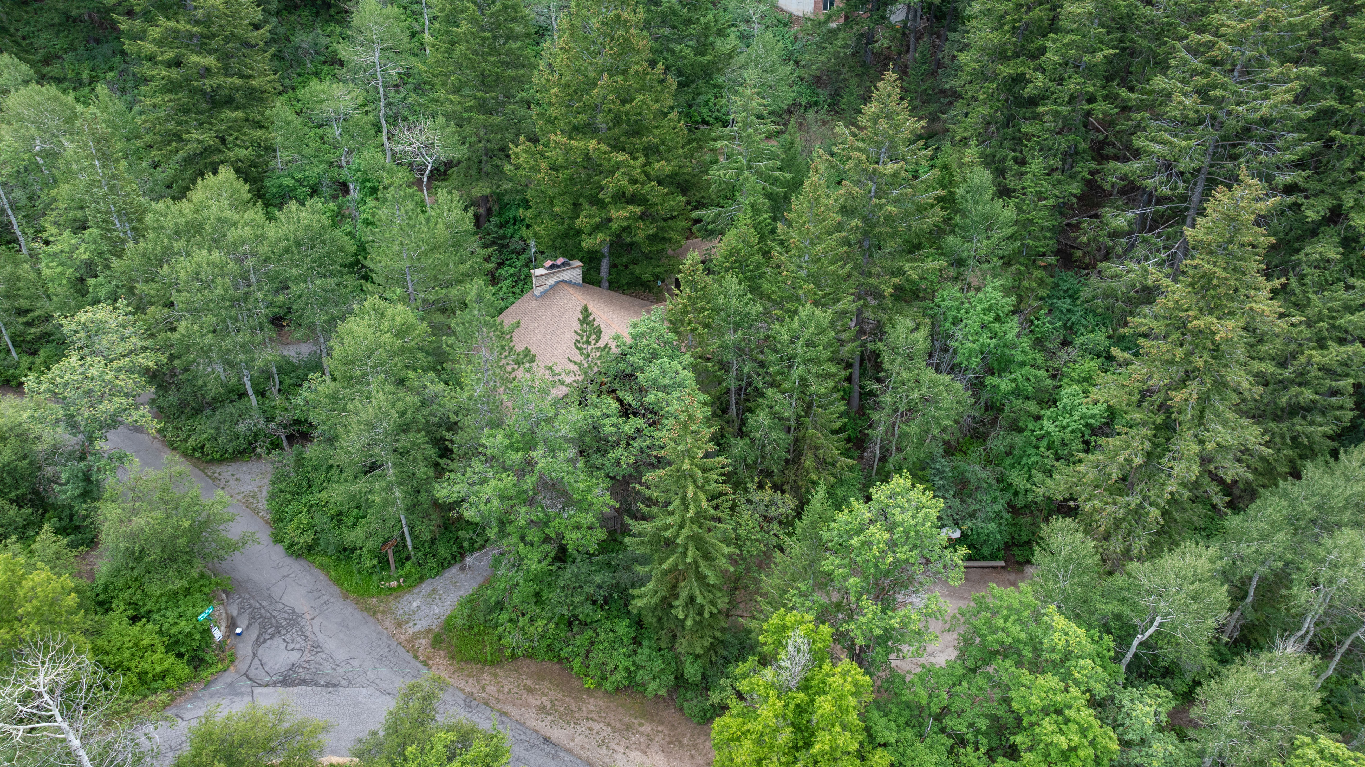 Wooded property featuring a central residence with a shingled roof and stone chimney