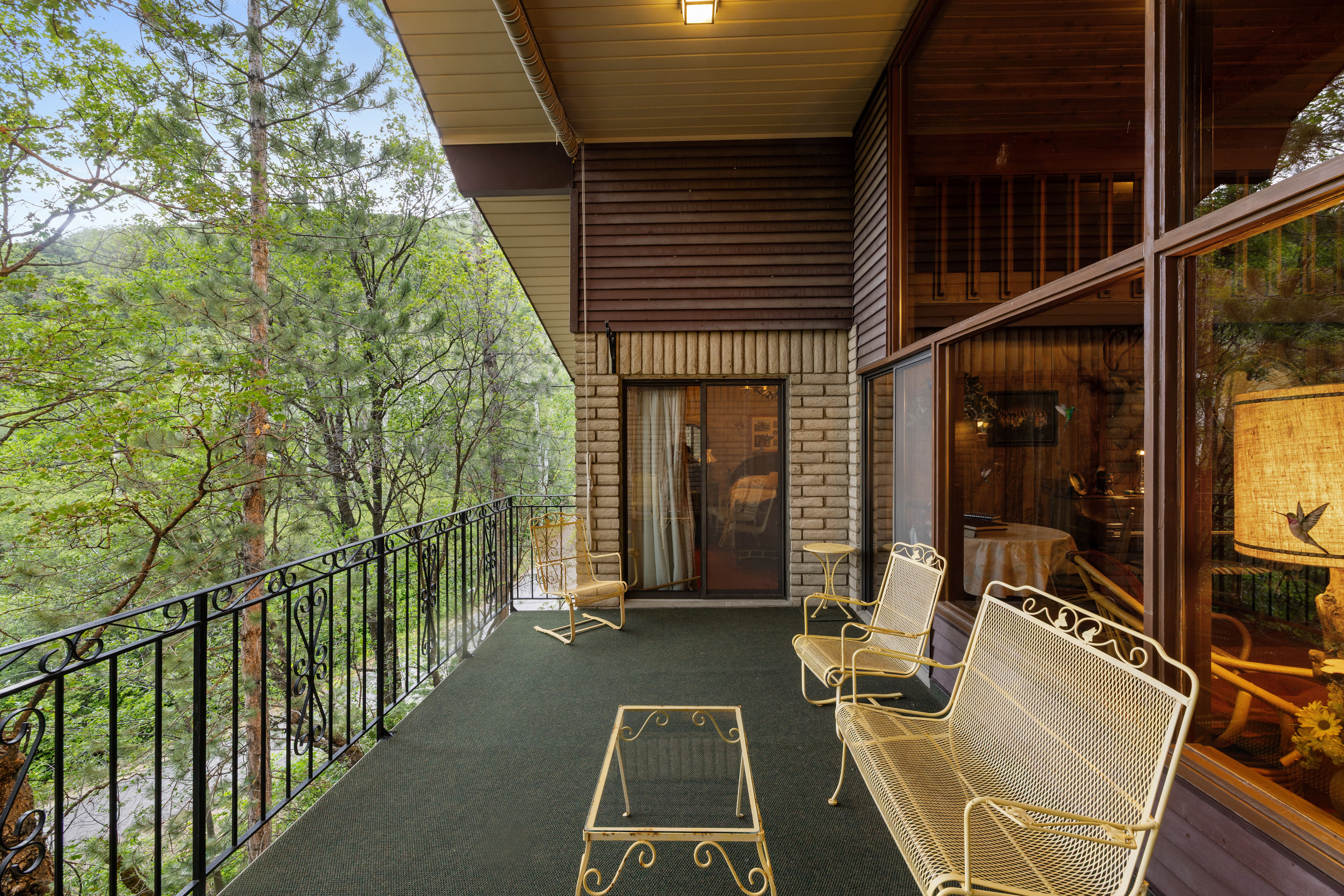 Spacious balcony featuring a dark green carpeted floor, decorative black metal railings, and natural surroundings