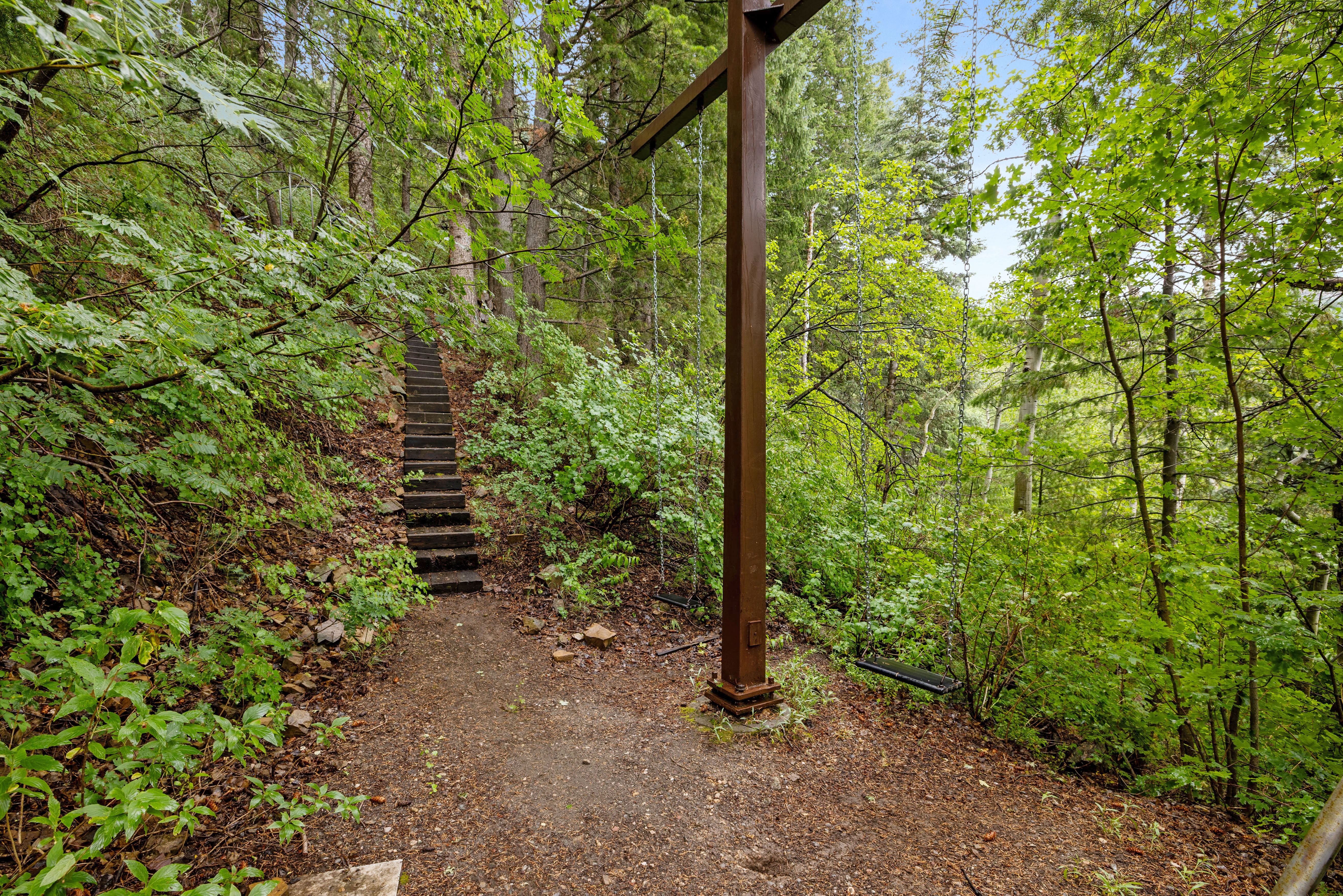 Wooded hillside with a natural walking path with a 2 person swing.