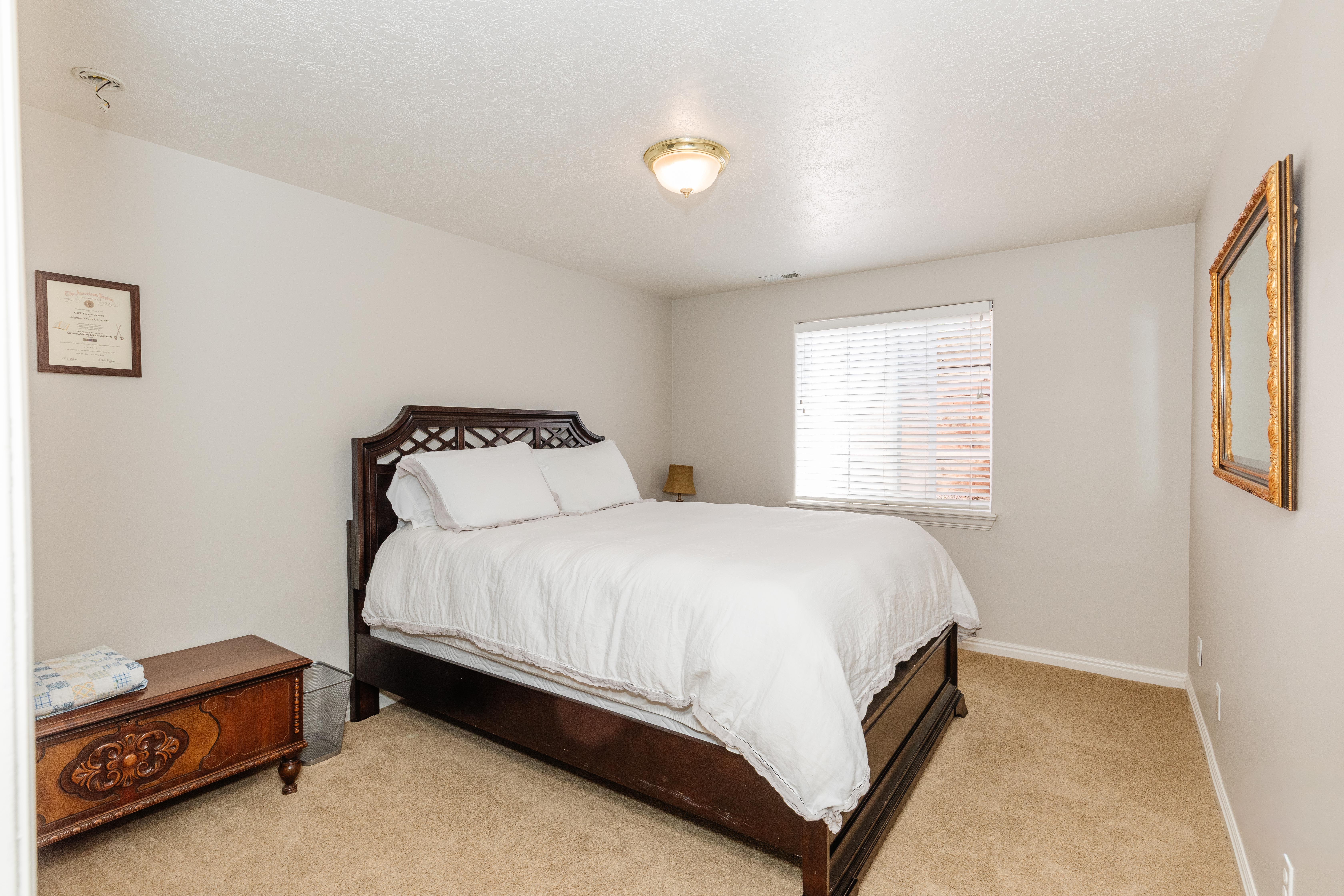 Carpeted bedroom featuring a single window with blinds, a ceiling-mounted light fixture, and neutral wall paint