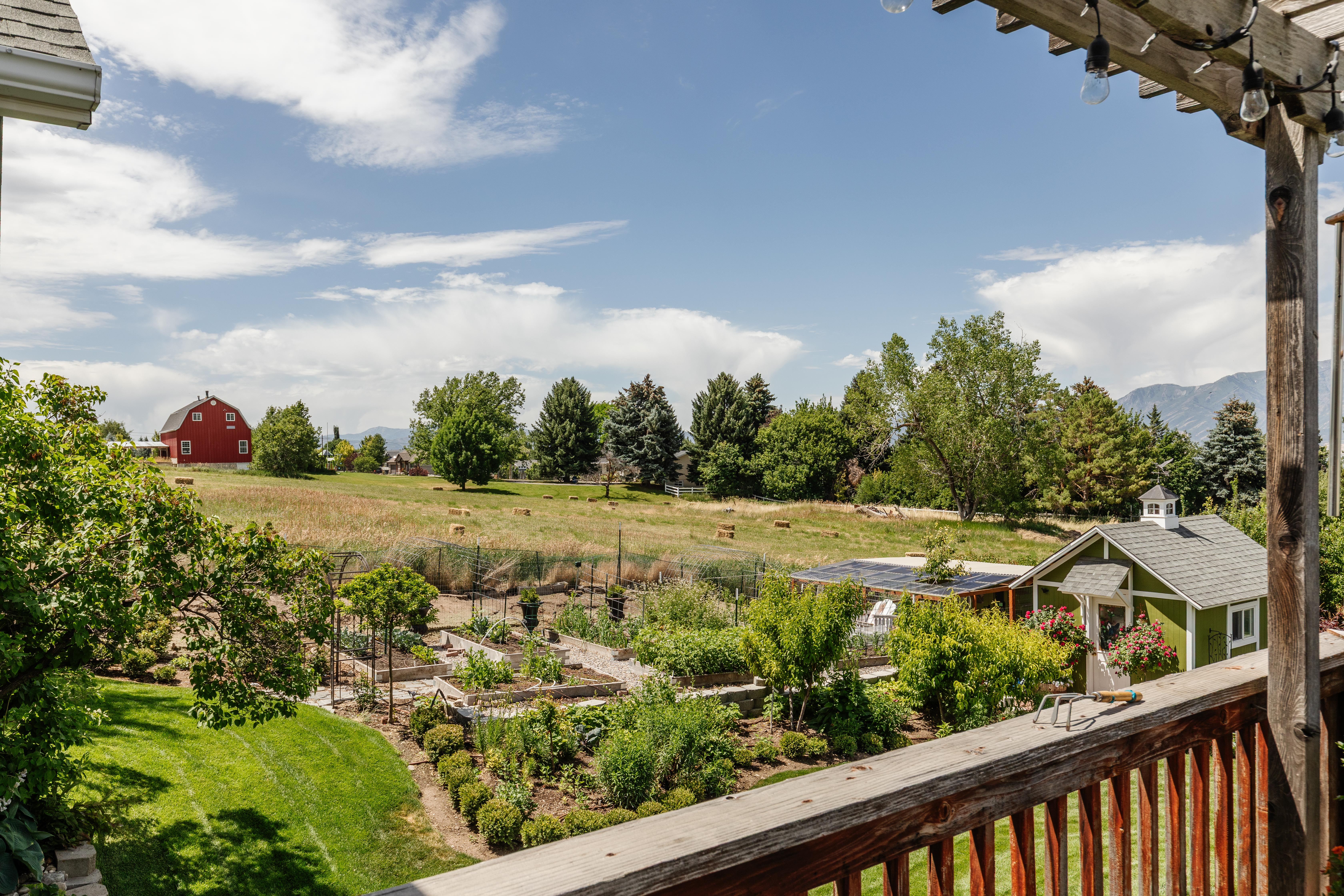 Expansive backyard featuring a large cultivated garden, mature trees, a green storage shed with a cupola, and a rustic wood railing