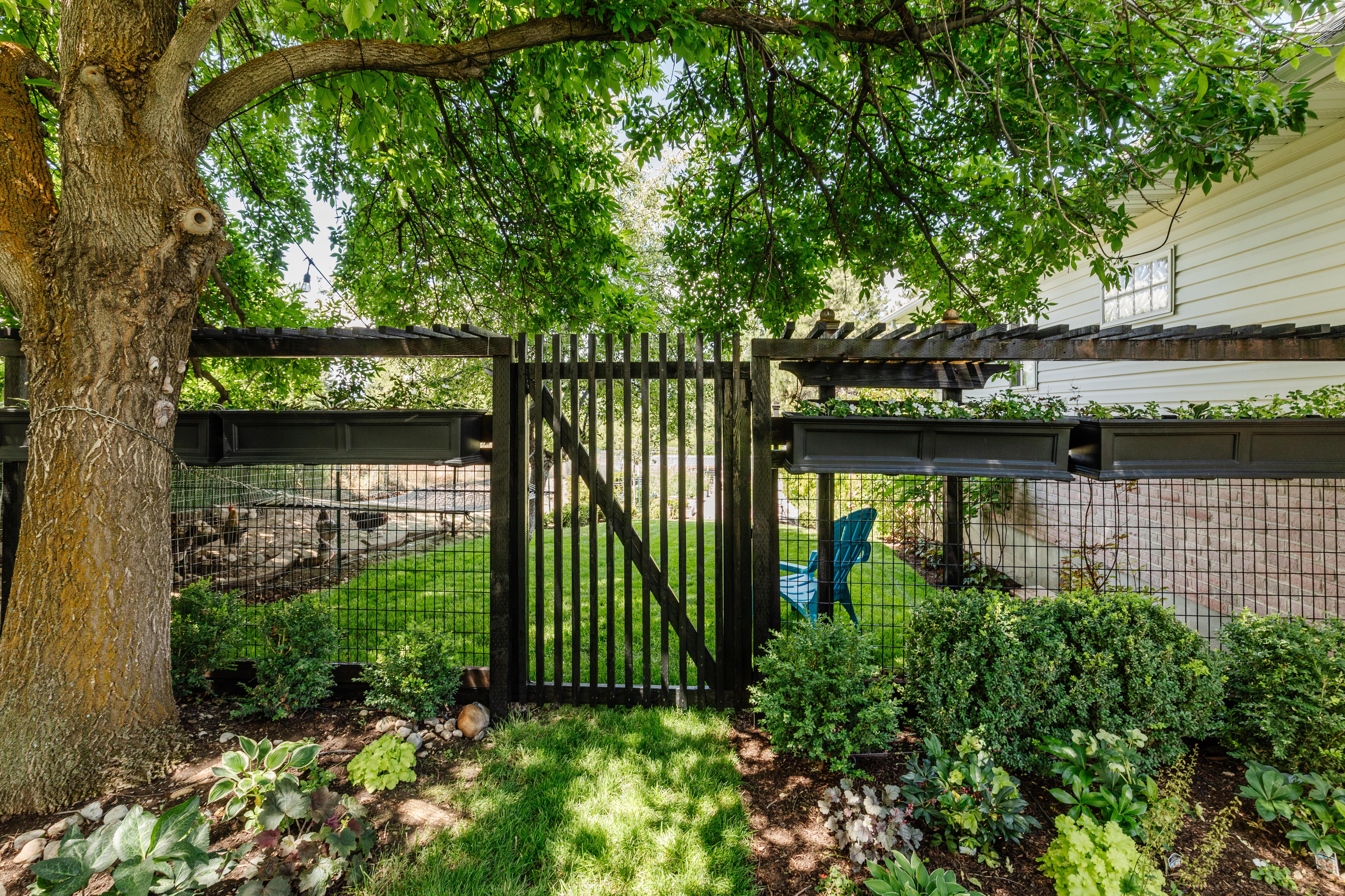 Expansive backyard featuring a dark-toned privacy fence with integrated planters, a coordinating gate, and a pergola structure