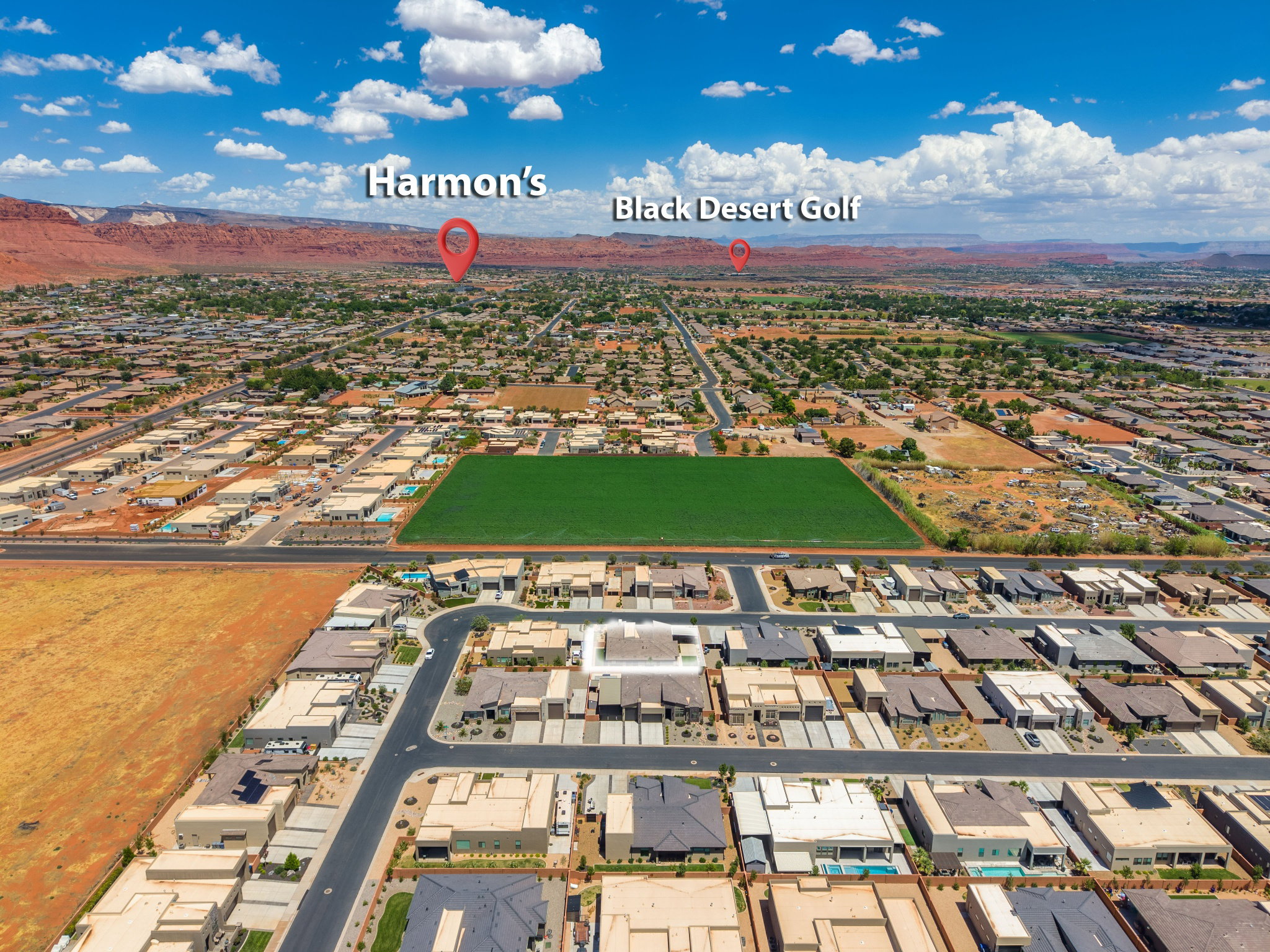 Aerial perspective showcasing a residential community with varied architectural styles and mature landscaping