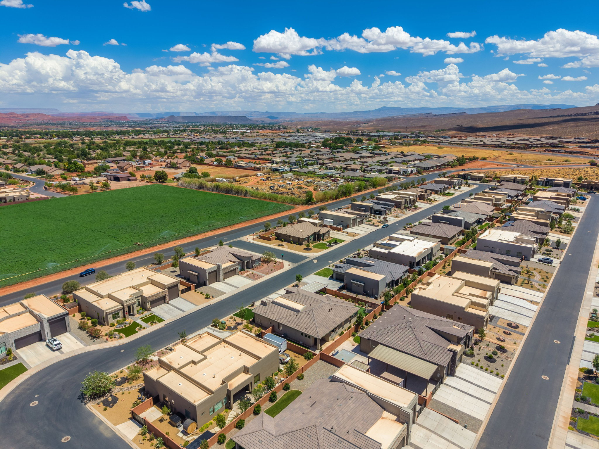 Aerial perspective showcasing a residential community with contemporary architecture