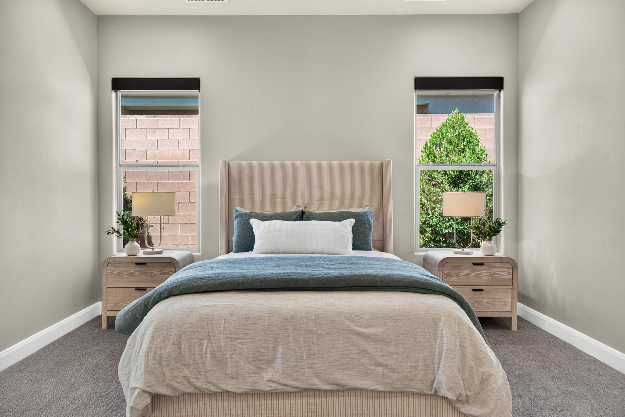 Carpeted room featuring two single-hung windows with dark window treatments, light grey painted walls, and white baseboards