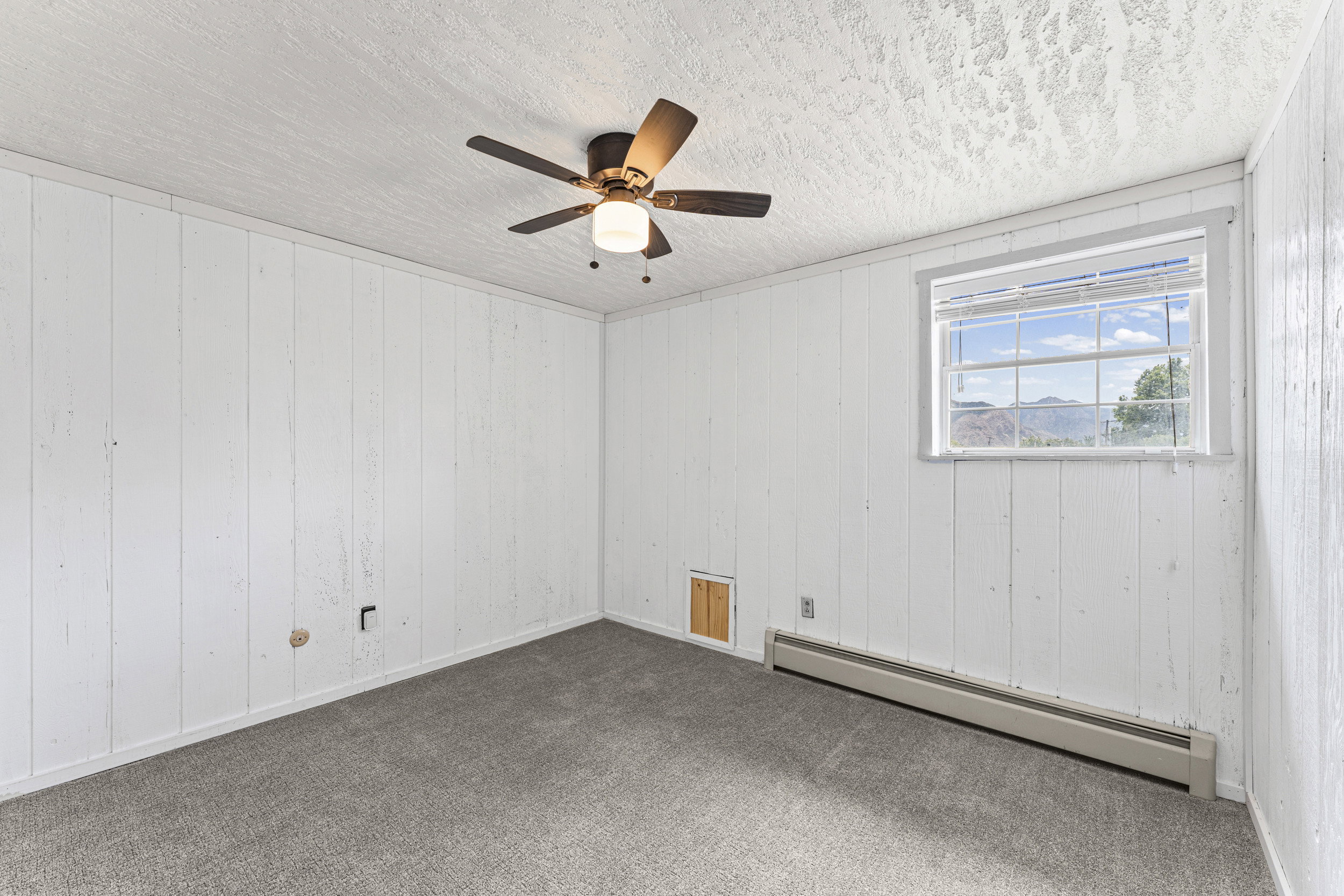 Room featuring white vertical paneling, light gray carpeting, and a window with blinds