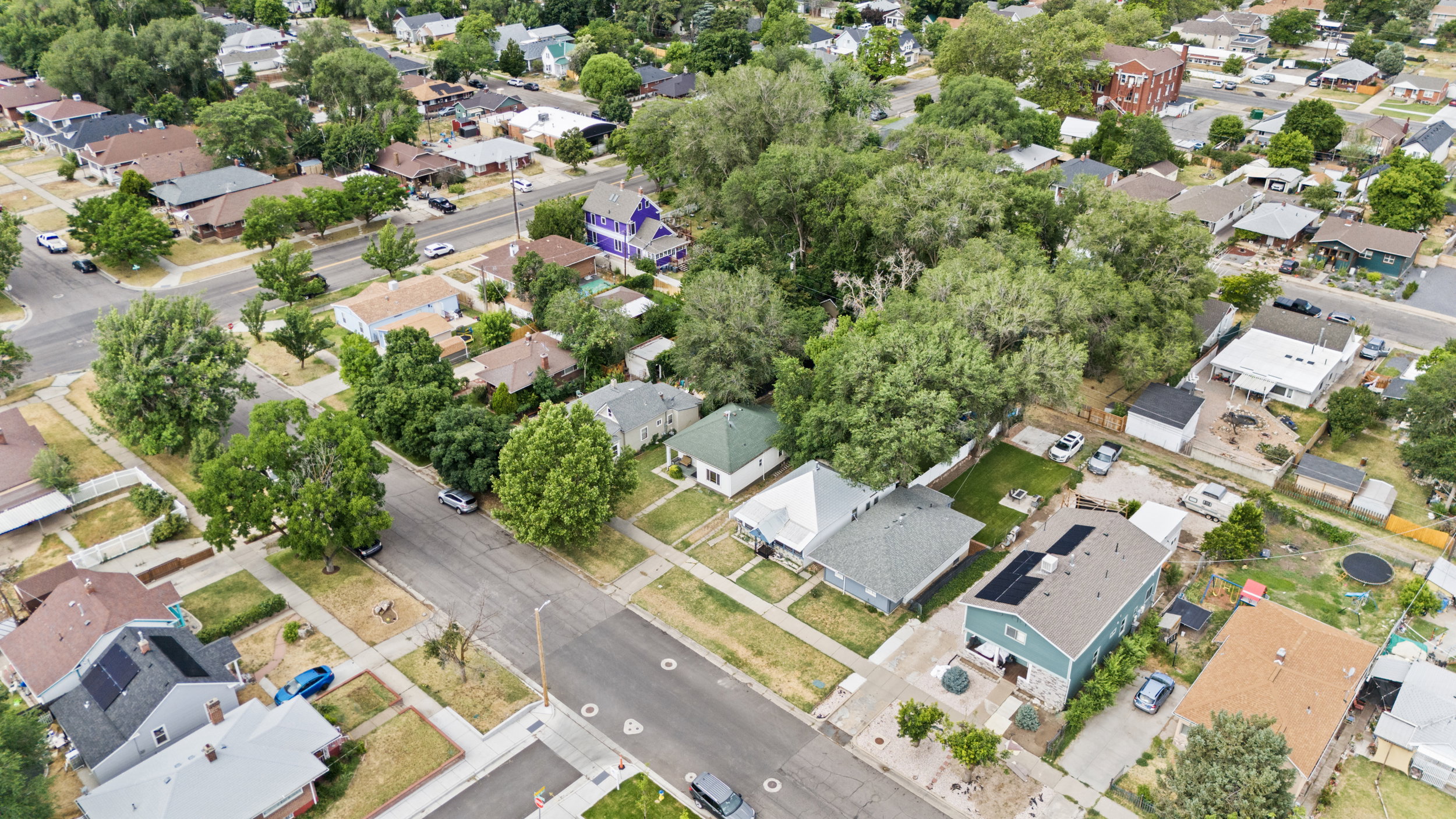 Aerial perspective showcasing a residential neighborhood with mature tree coverage
