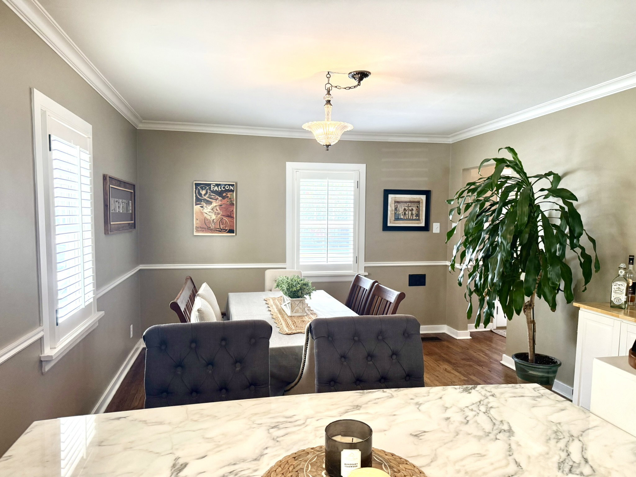 Dining area featuring crown molding, chair rail detailing, wood-finish flooring, and white plantation shutters
