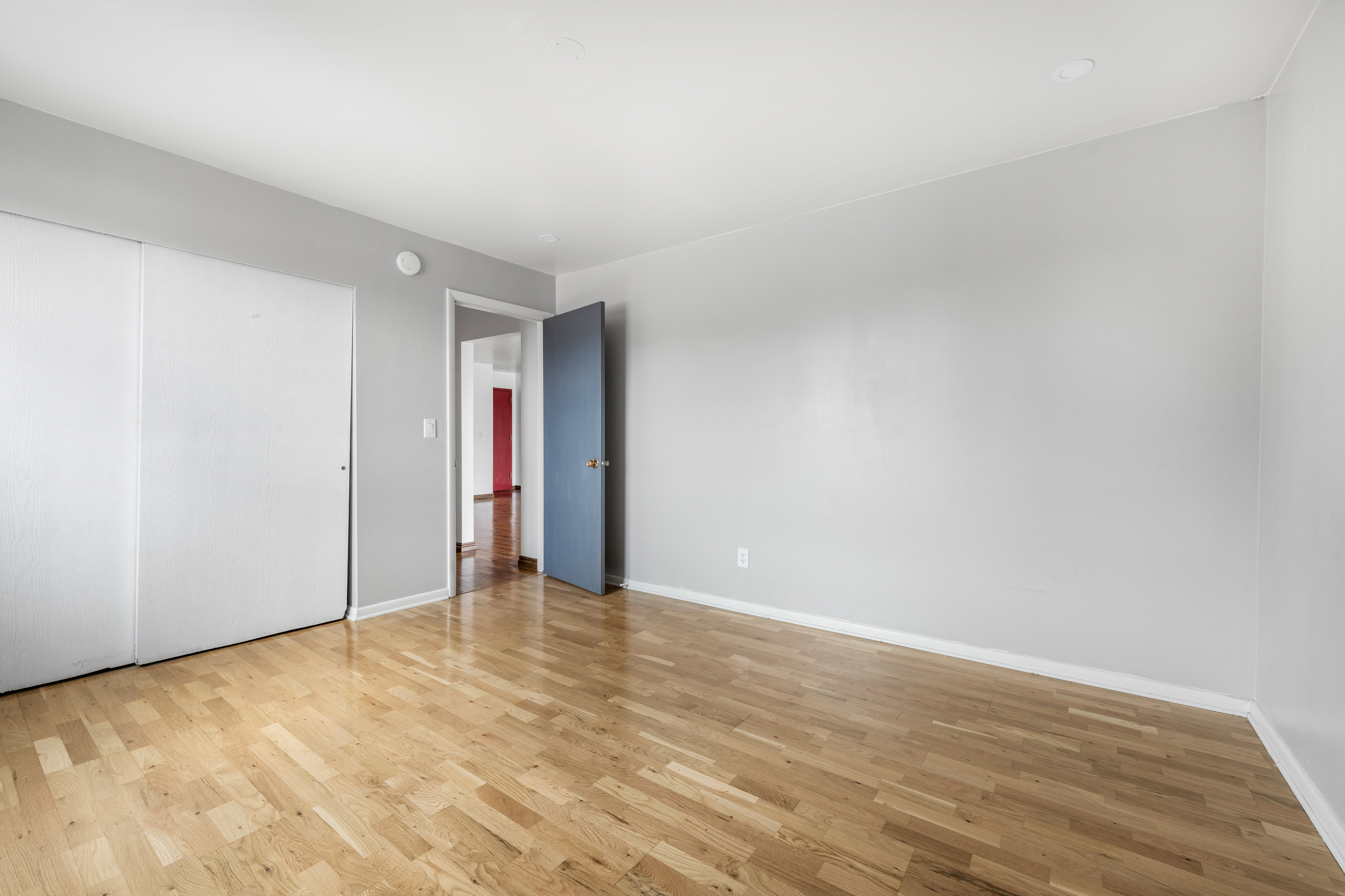 Light wood-finish flooring with white baseboards throughout