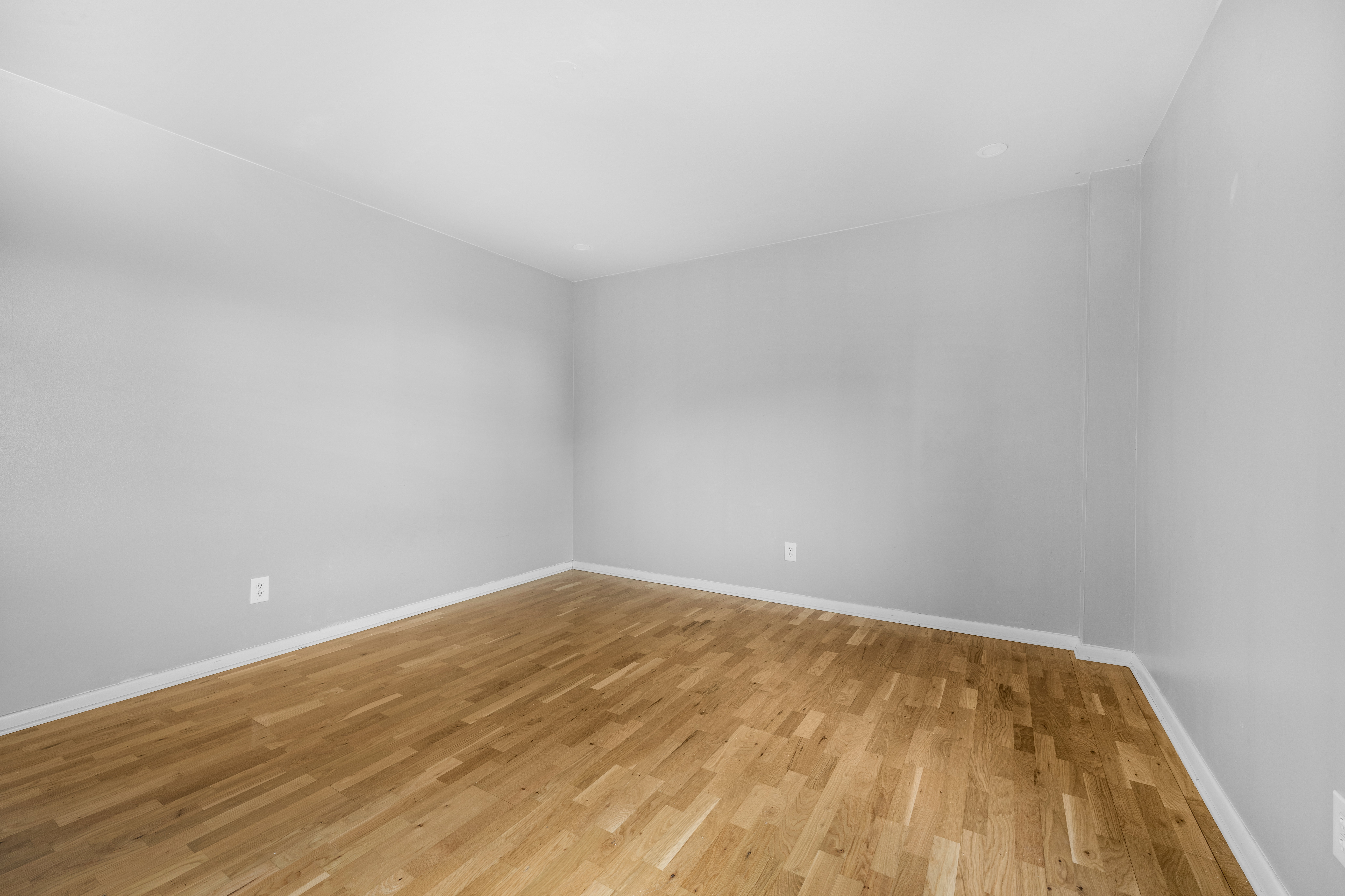 Room with light wood-finish flooring, light grey walls, and white baseboards