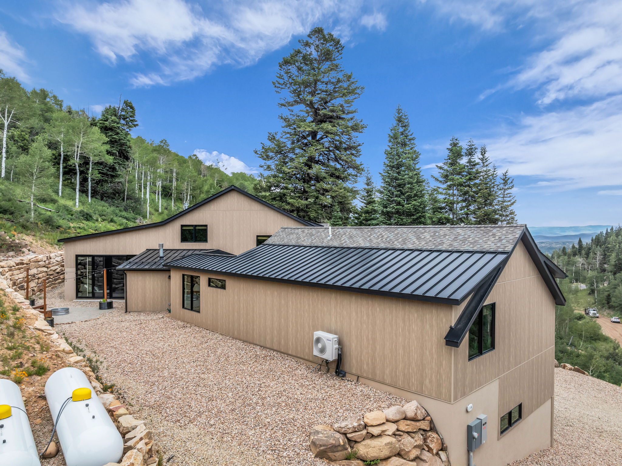 Contemporary architecture featuring light-toned vertical siding and a dark metal roof