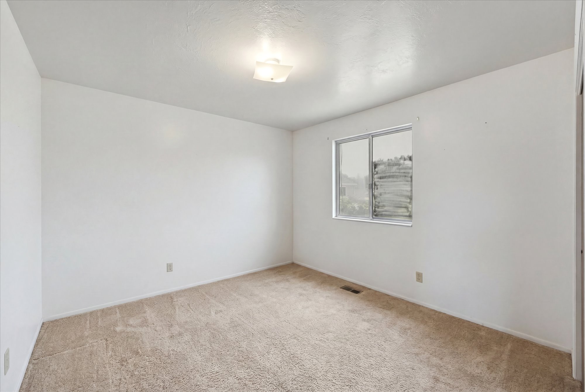 Bright room featuring neutral carpeting, a dual-pane window, and a flush-mount ceiling light fixture