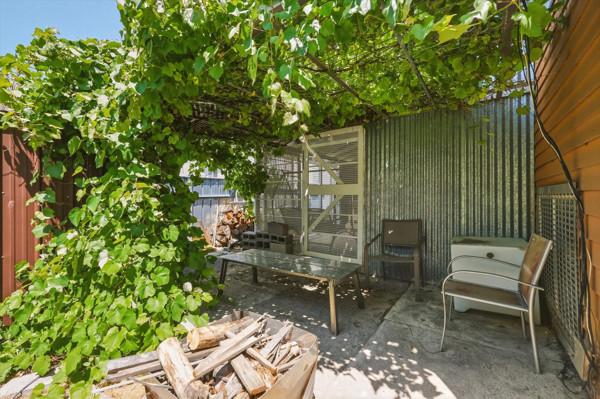 Patio area featuring an overhead trellis with extensive foliage, concrete flooring, and corrugated metal siding