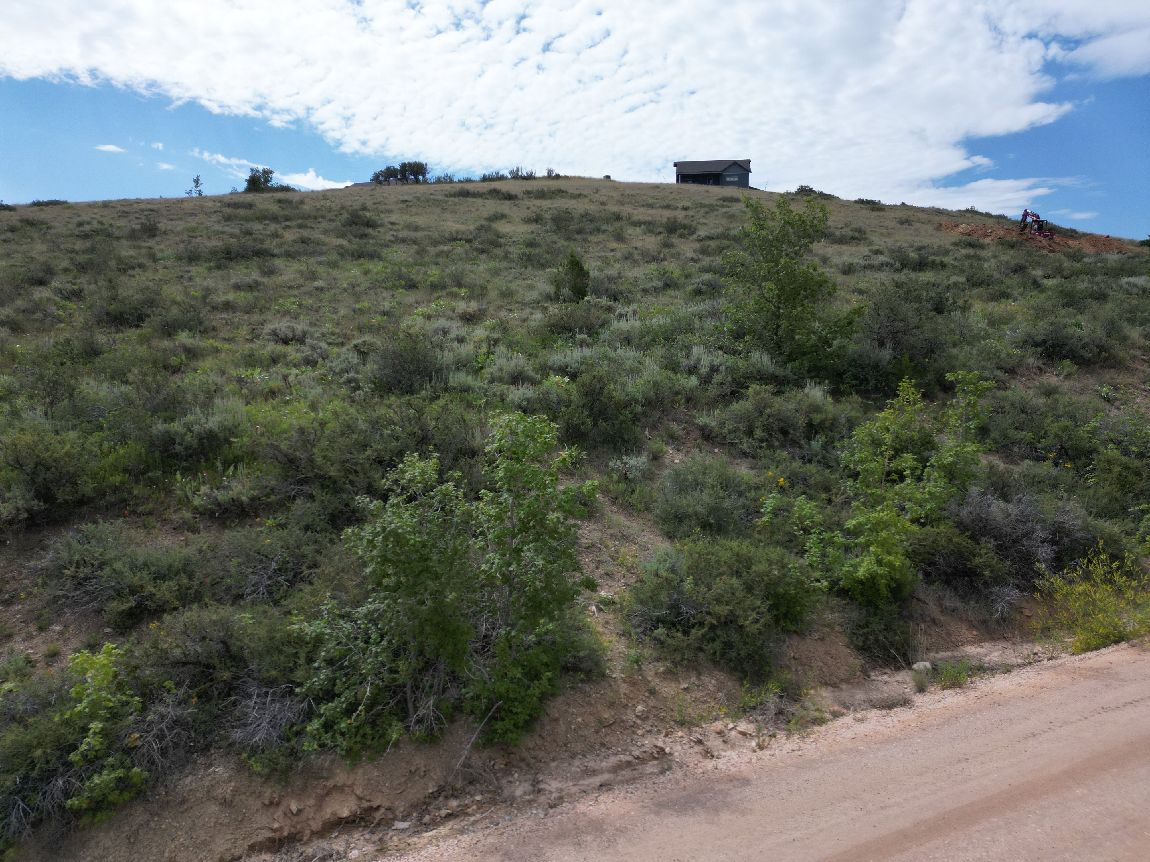 Expansive sloped terrain featuring natural vegetation and a distant structure with a dark-toned exterior