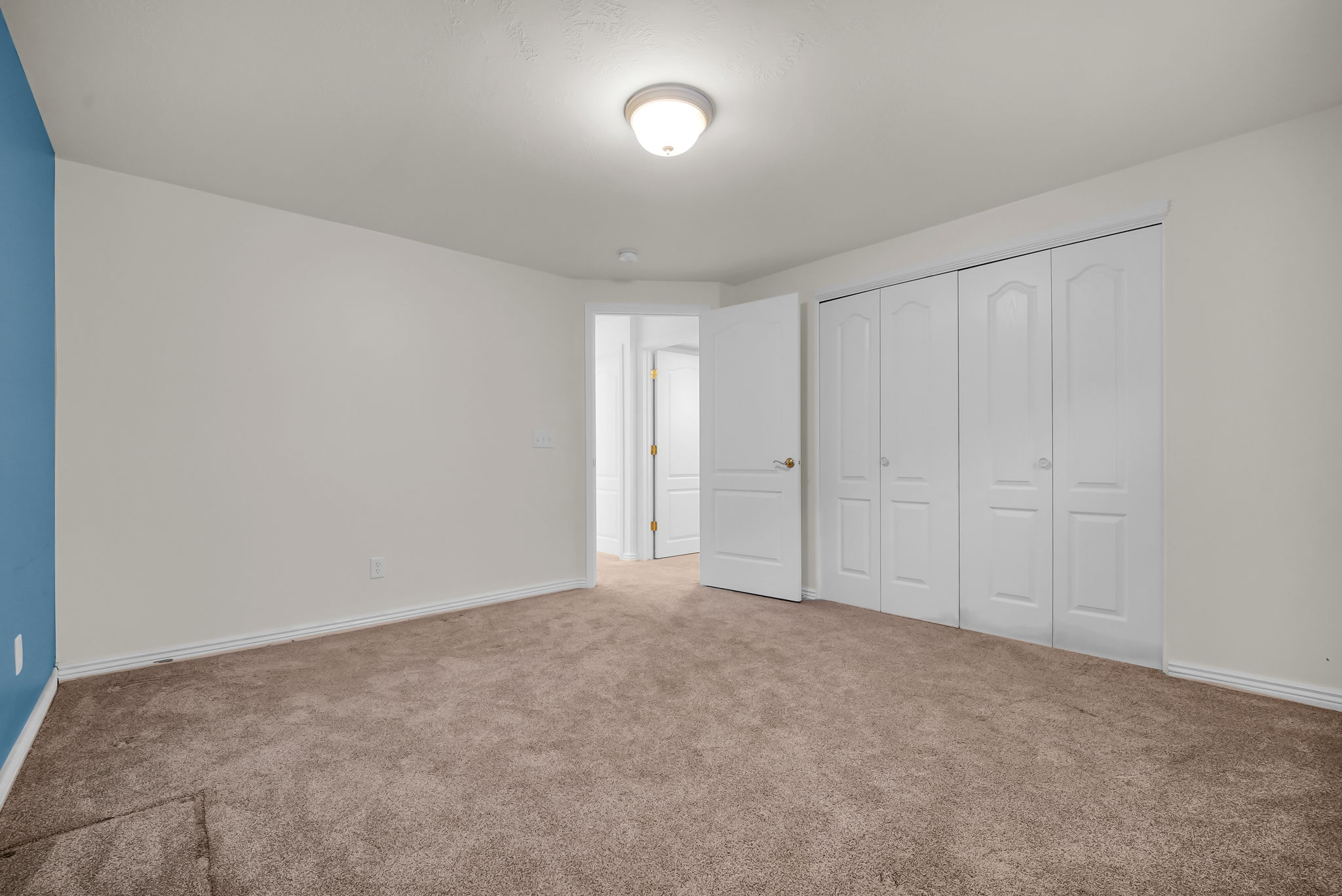 Room featuring neutral carpeting, white baseboards, and a white ceiling with a flush-mount light fixture