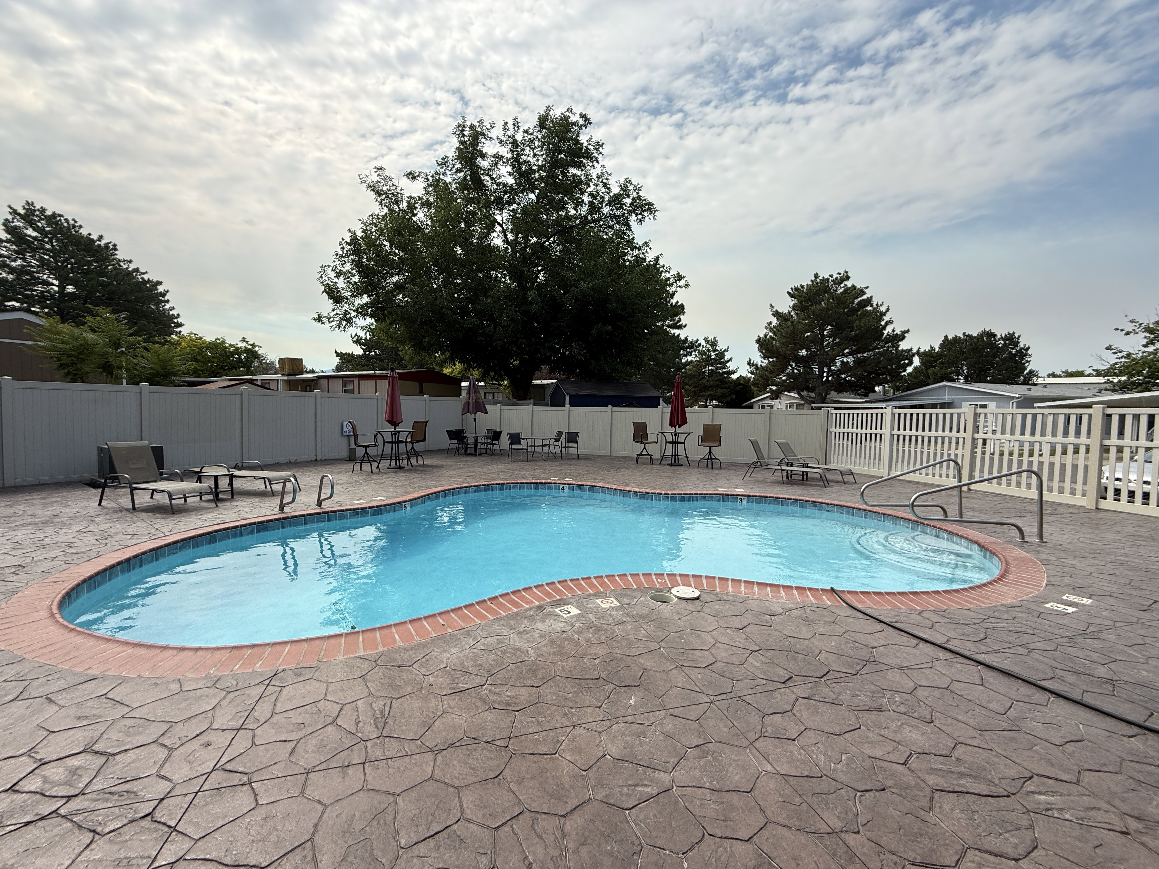 Kidney-shaped swimming pool featuring a brick coping and stamped concrete surround
