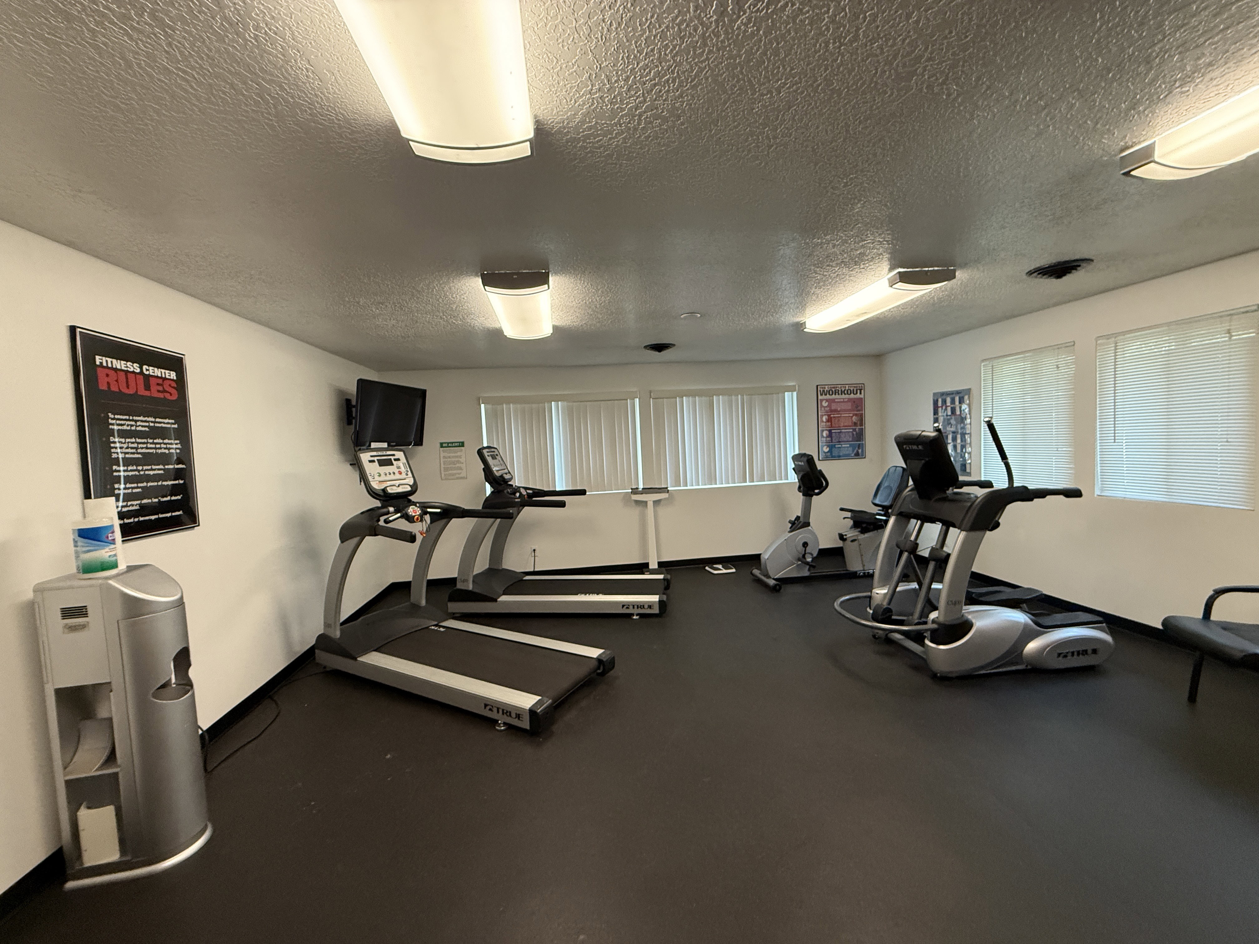 Dedicated fitness center featuring multiple cardio machines, resilient flooring, ample natural light through multiple windows, and overhead fluorescent lighting