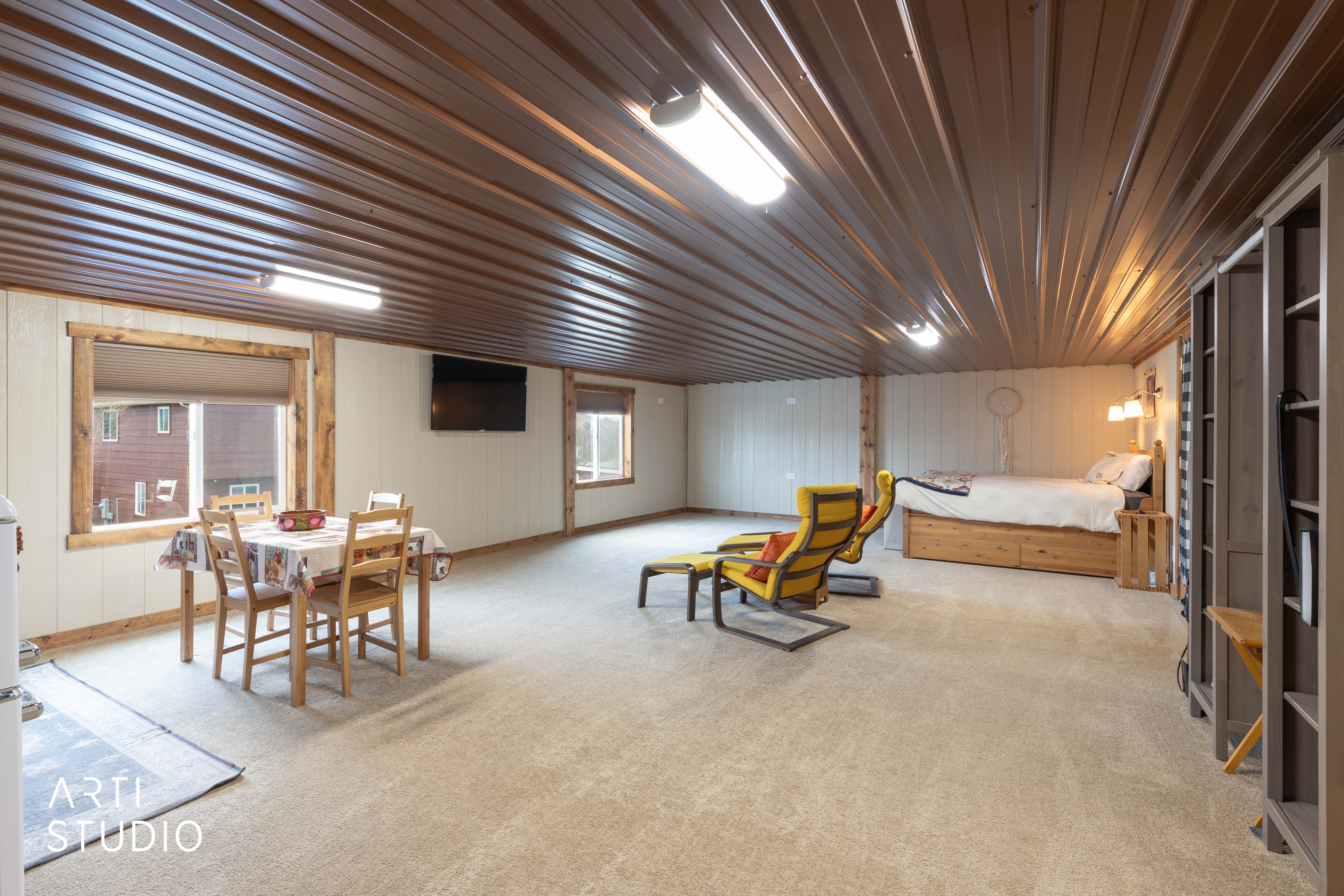 Spacious room with a brown corrugated metal ceiling, light-toned carpeting, and white wall paneling