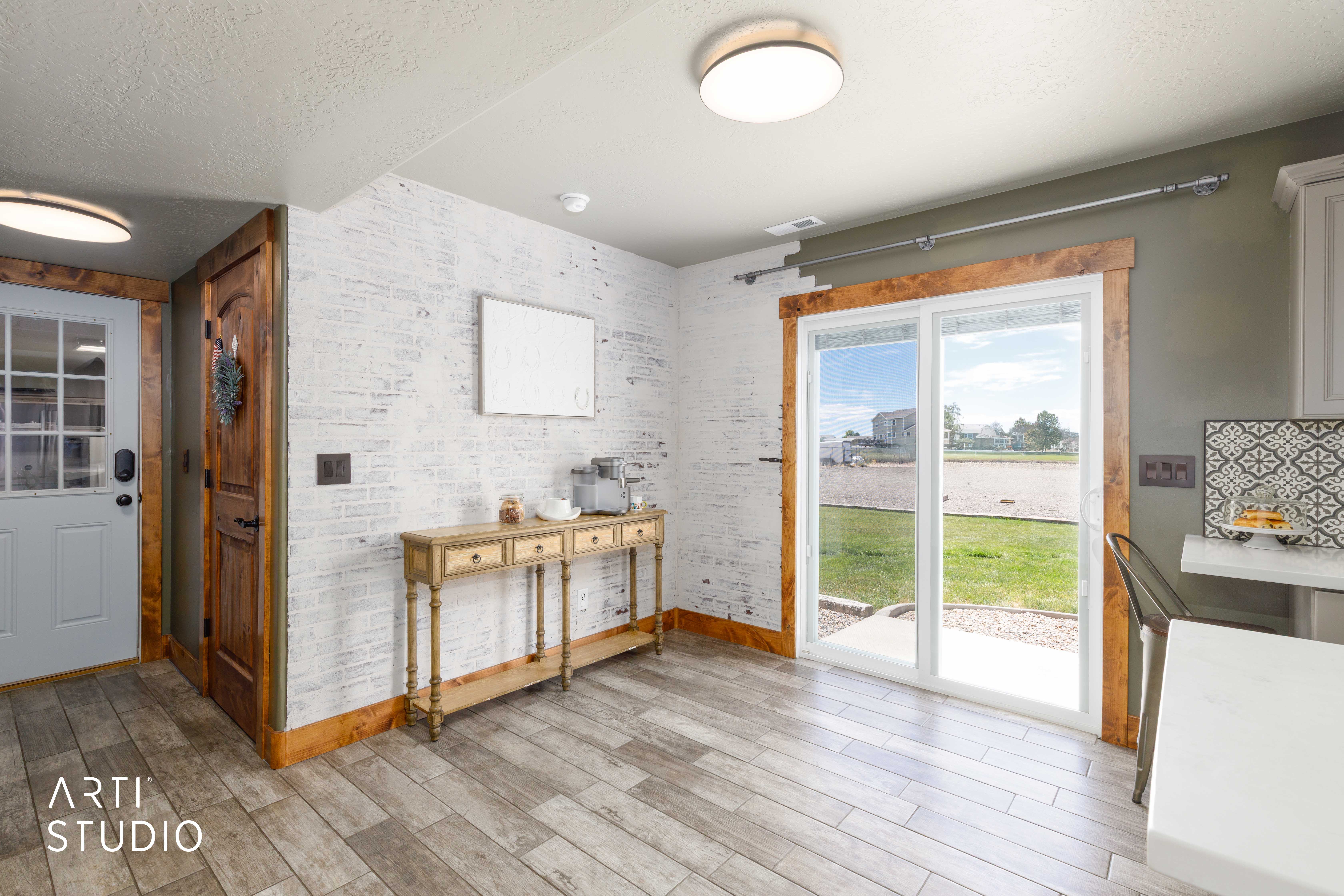 Sliding glass door with wood-finish trim