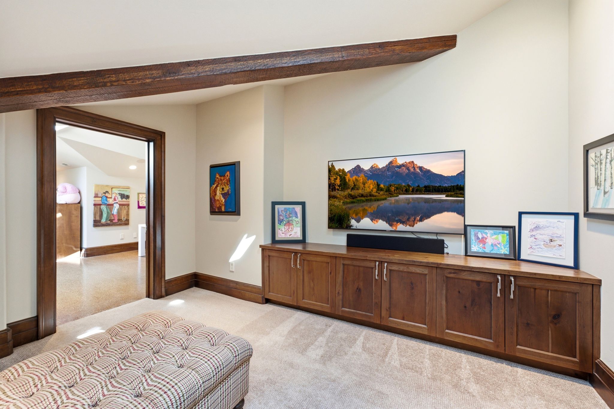Integrated wood-finish media console with ample storage