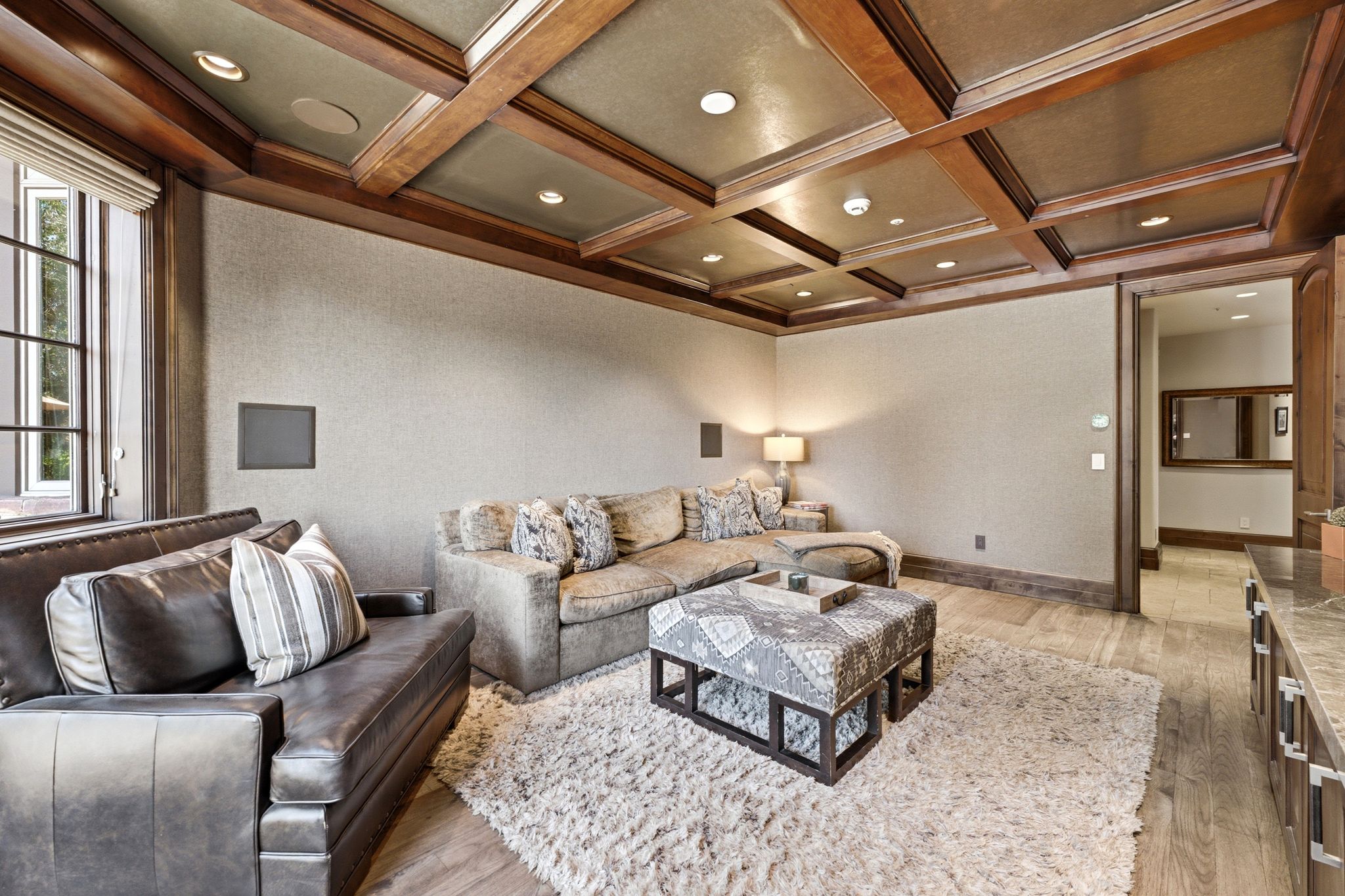 Coffered wood ceiling with recessed lighting