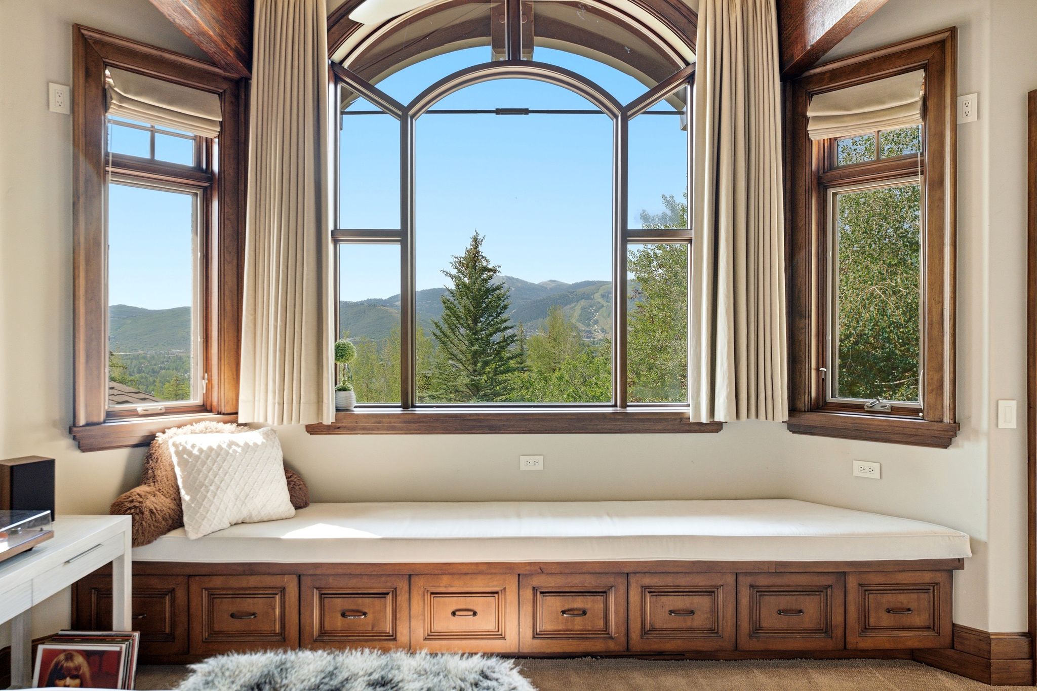 Arched picture window with mountain scenery, flanked by two casement windows with wood trim