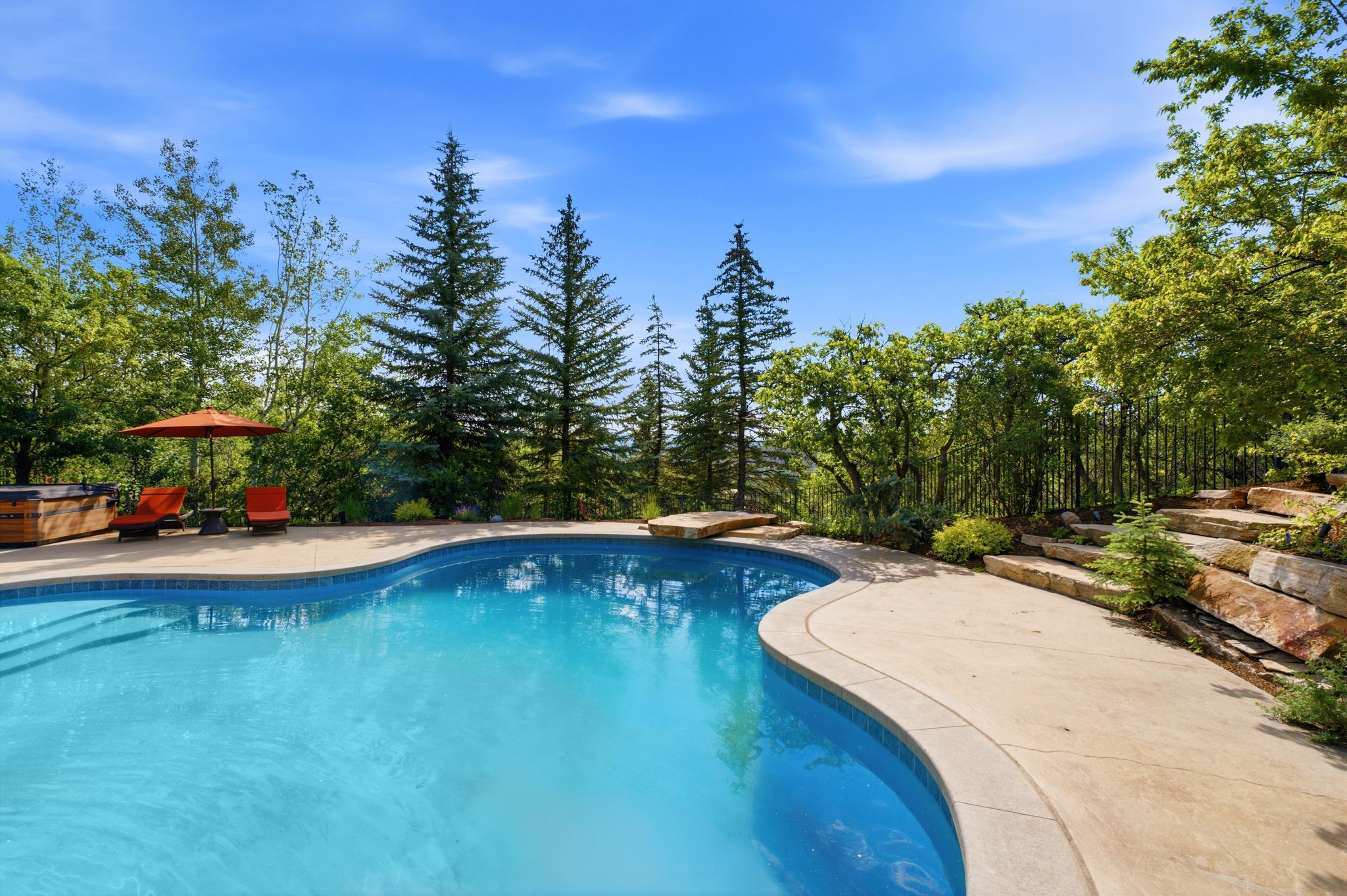 Curved swimming pool featuring a concrete surround and integrated spa