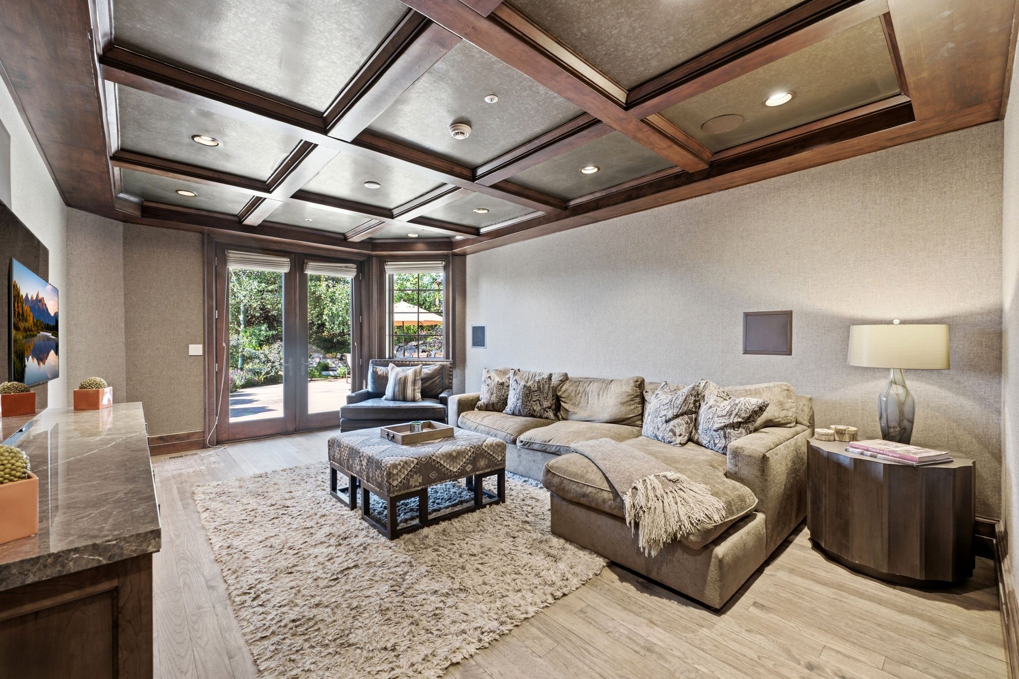 Coffered wood ceiling with recessed lighting