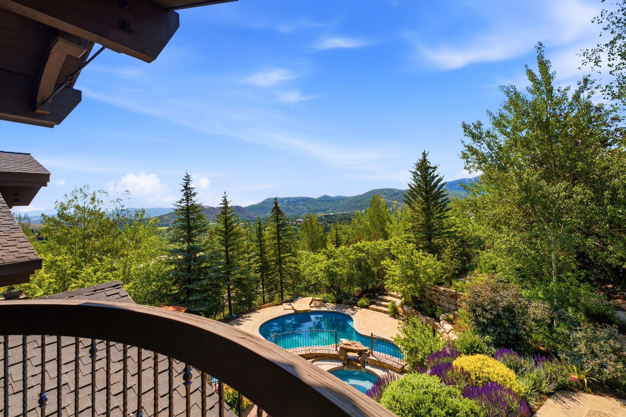 Terraced backyard featuring a freeform pool, integrated spa, and diverse landscaping