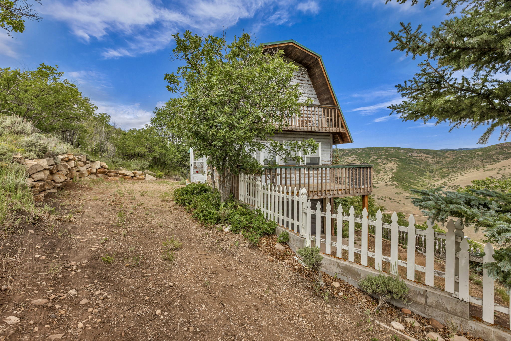 Two  large mature trees, and extra parking next to cabin.