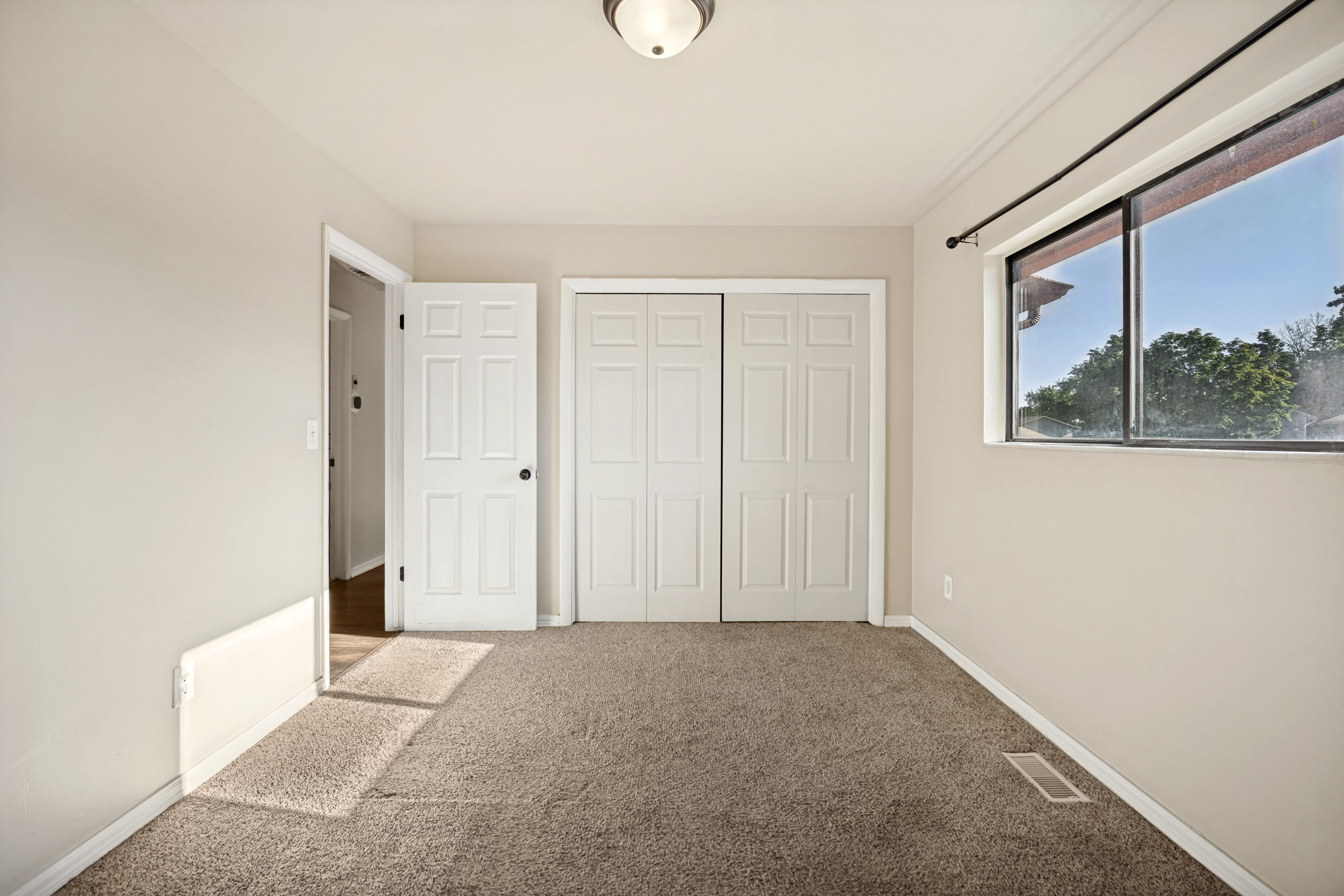 Carpeted room with a large window, white trim, and a ceiling light fixture
